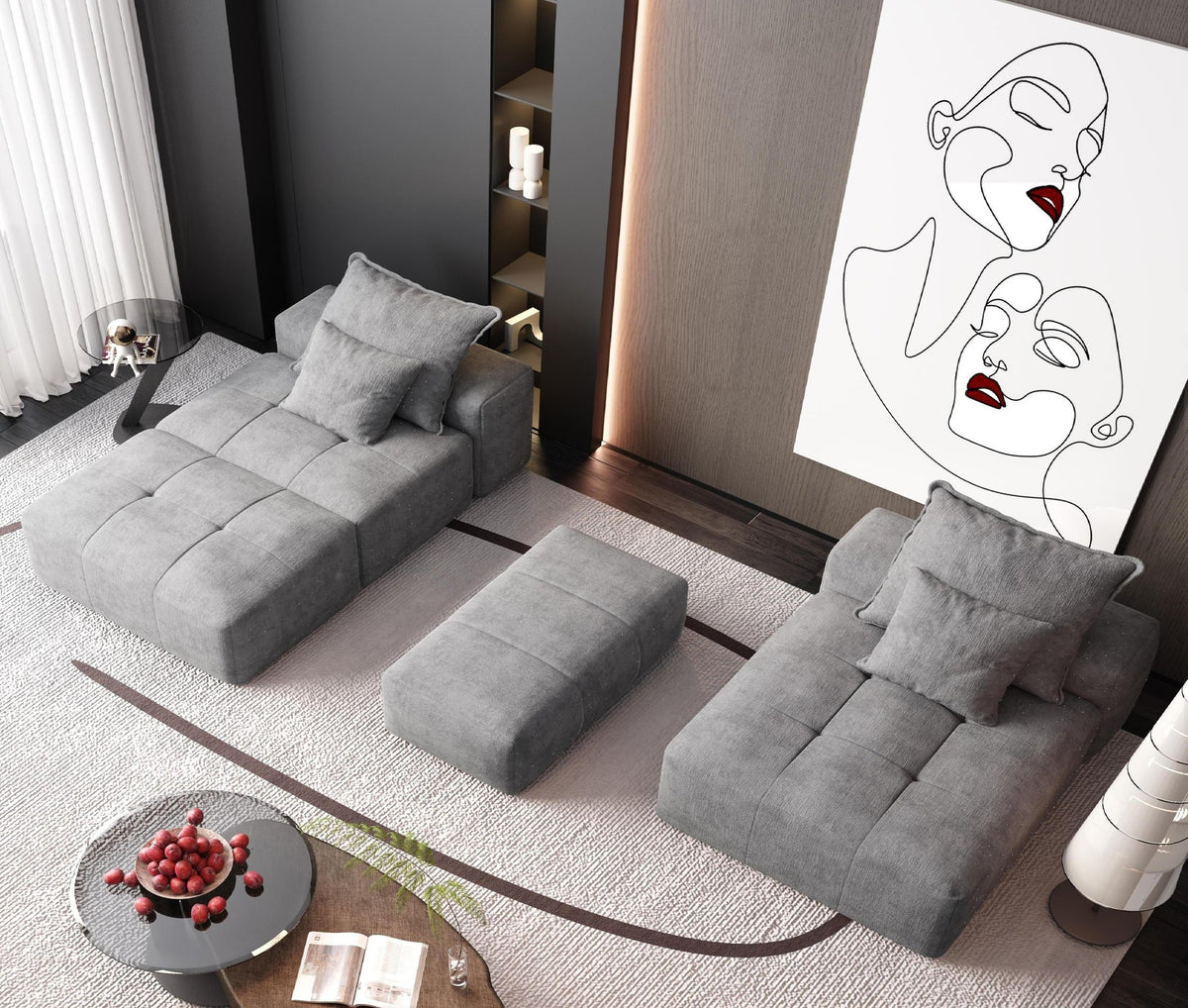 Chenille Spring-Core Boneless Couch — 128"W — Grey
