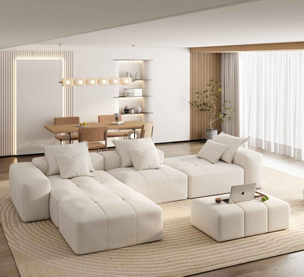 Chenille Spring-Core Boneless Couch — 184"W — Beige + White