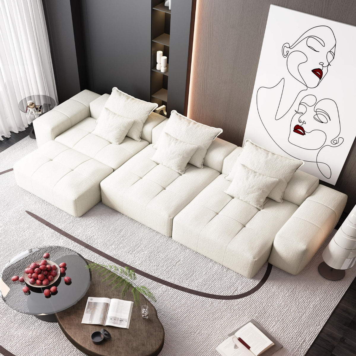 Chenille Spring-Core Boneless Couch — 184"W — Beige + White