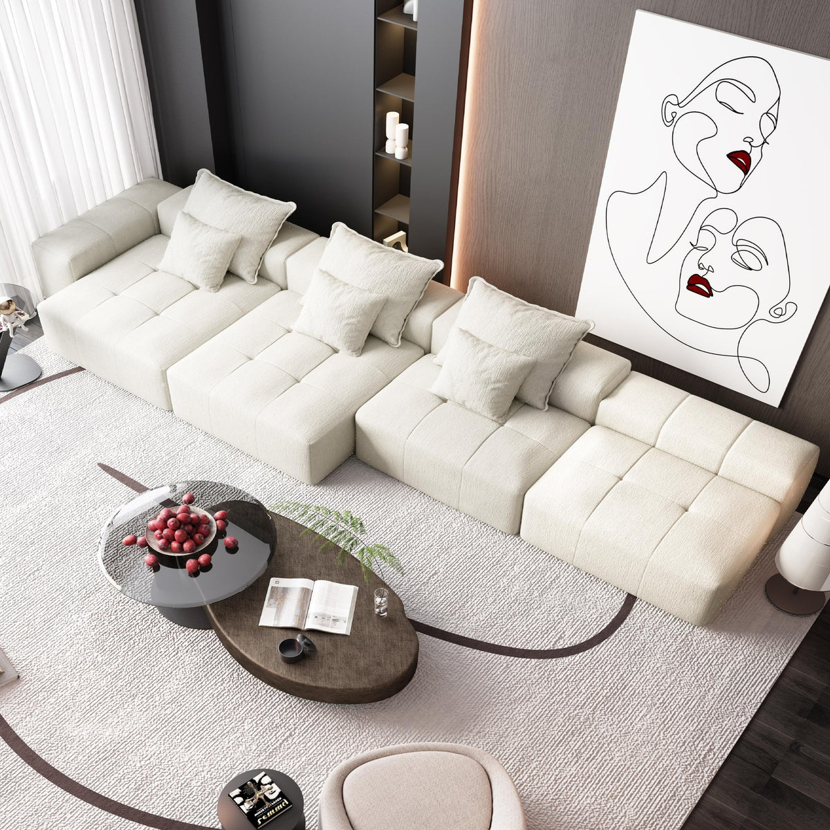 Chenille Spring-Core Boneless Couch — 184"W — Beige + White