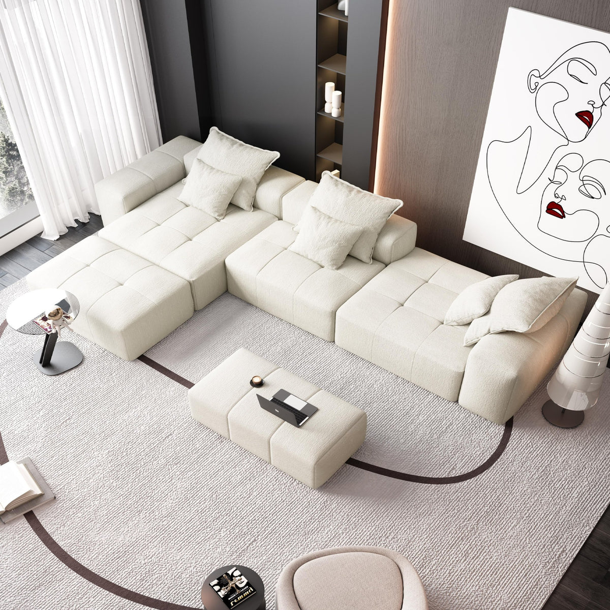 Chenille Spring-Core Boneless Couch — 184"W — Beige + White