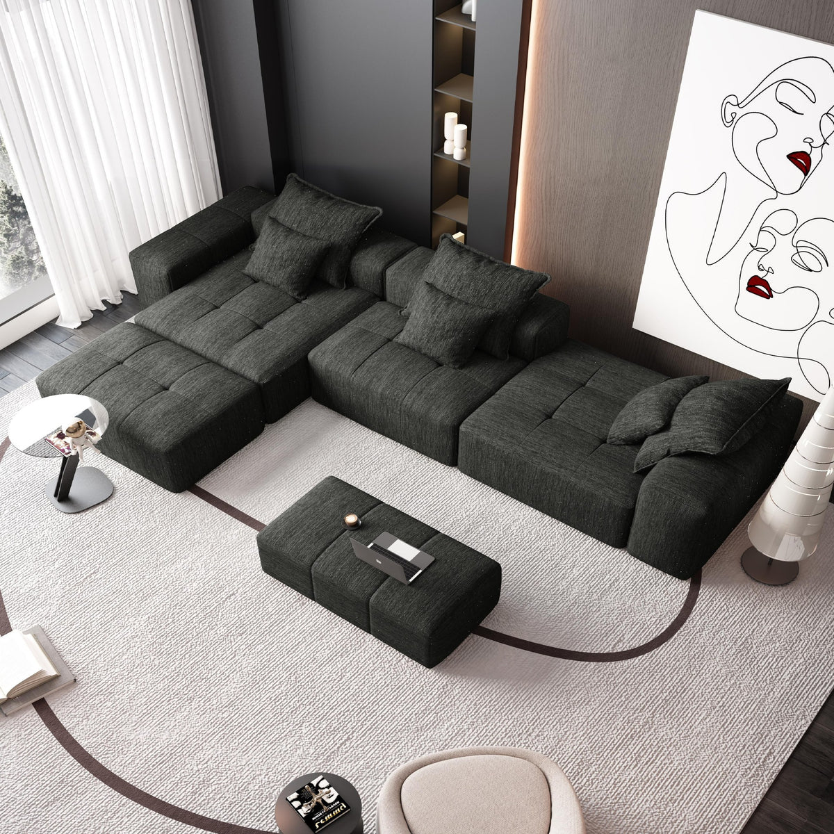 Chenille Spring-Core Boneless Couch — 184"W — Black