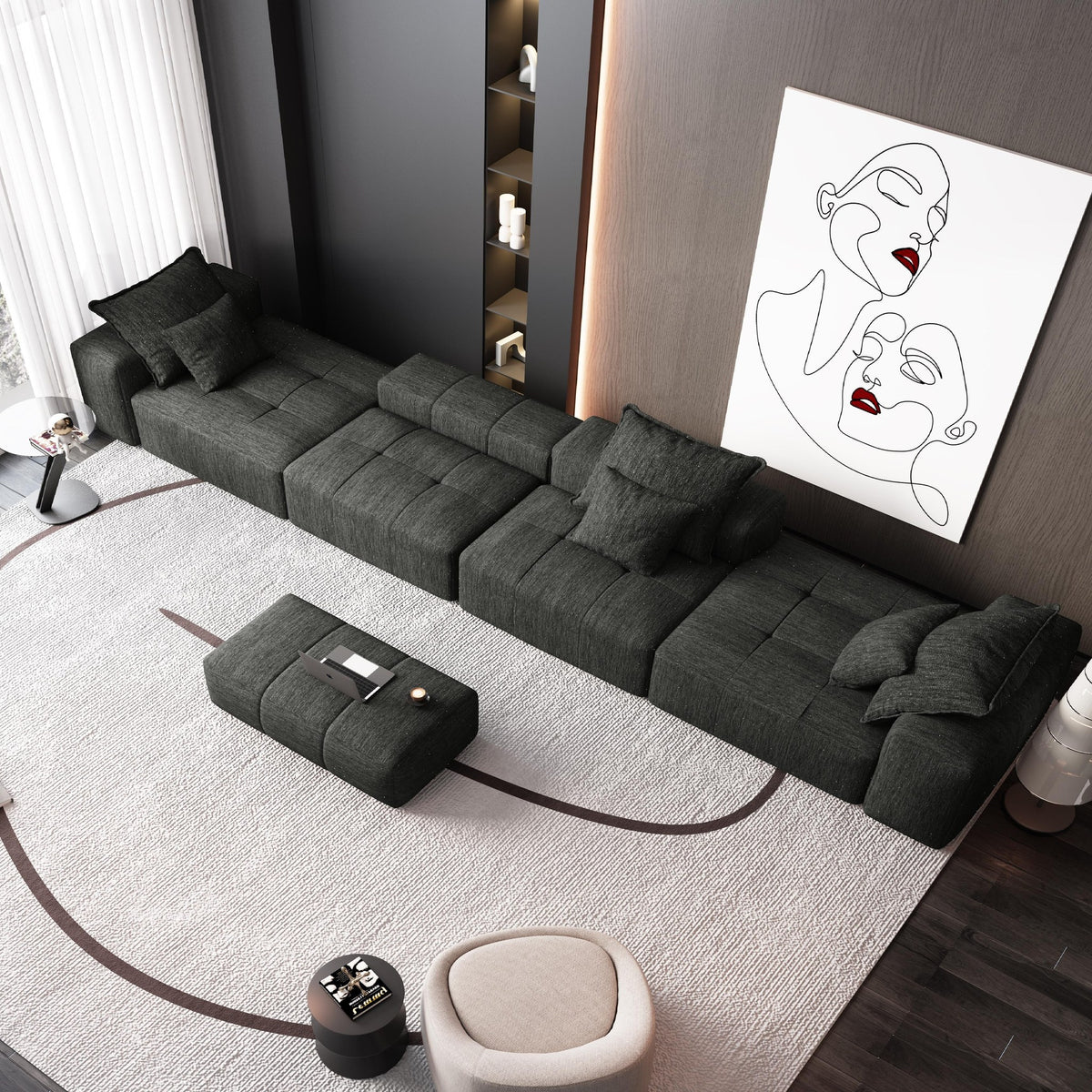 Chenille Spring-Core Boneless Couch — 184"W — Black