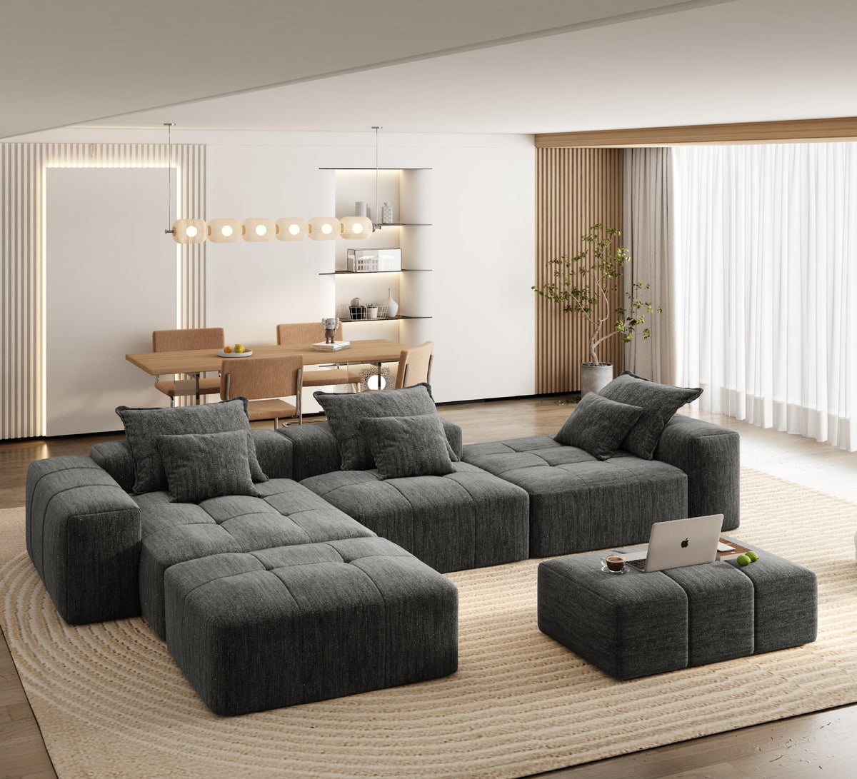 Chenille Spring-Core Boneless Couch — 184"W — Black