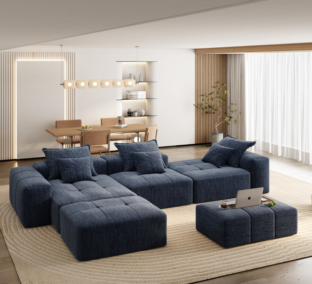 Chenille Spring-Core Boneless Couch — 184"W — Blue