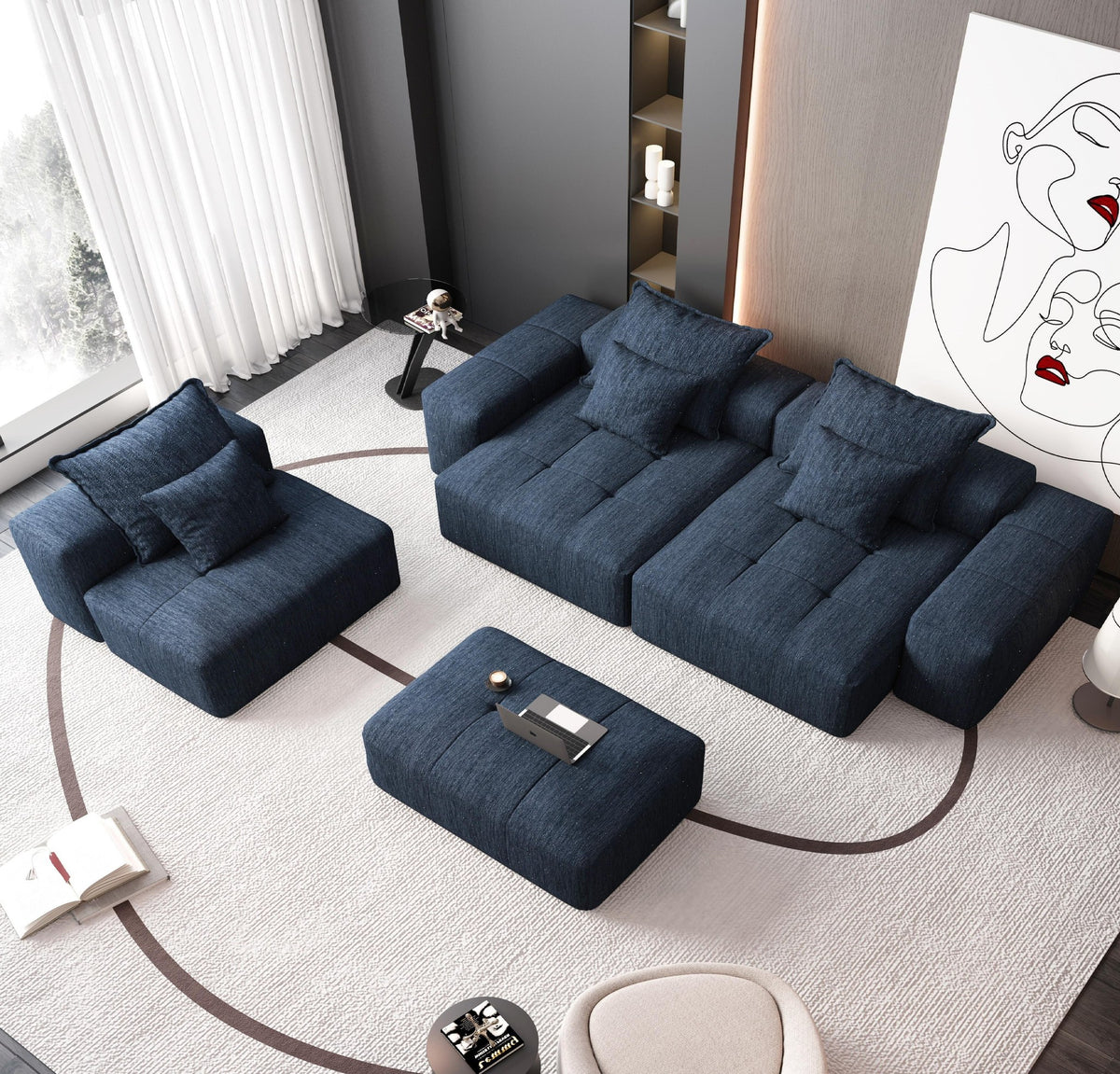 Chenille Spring-Core Boneless Couch — 184"W — Blue