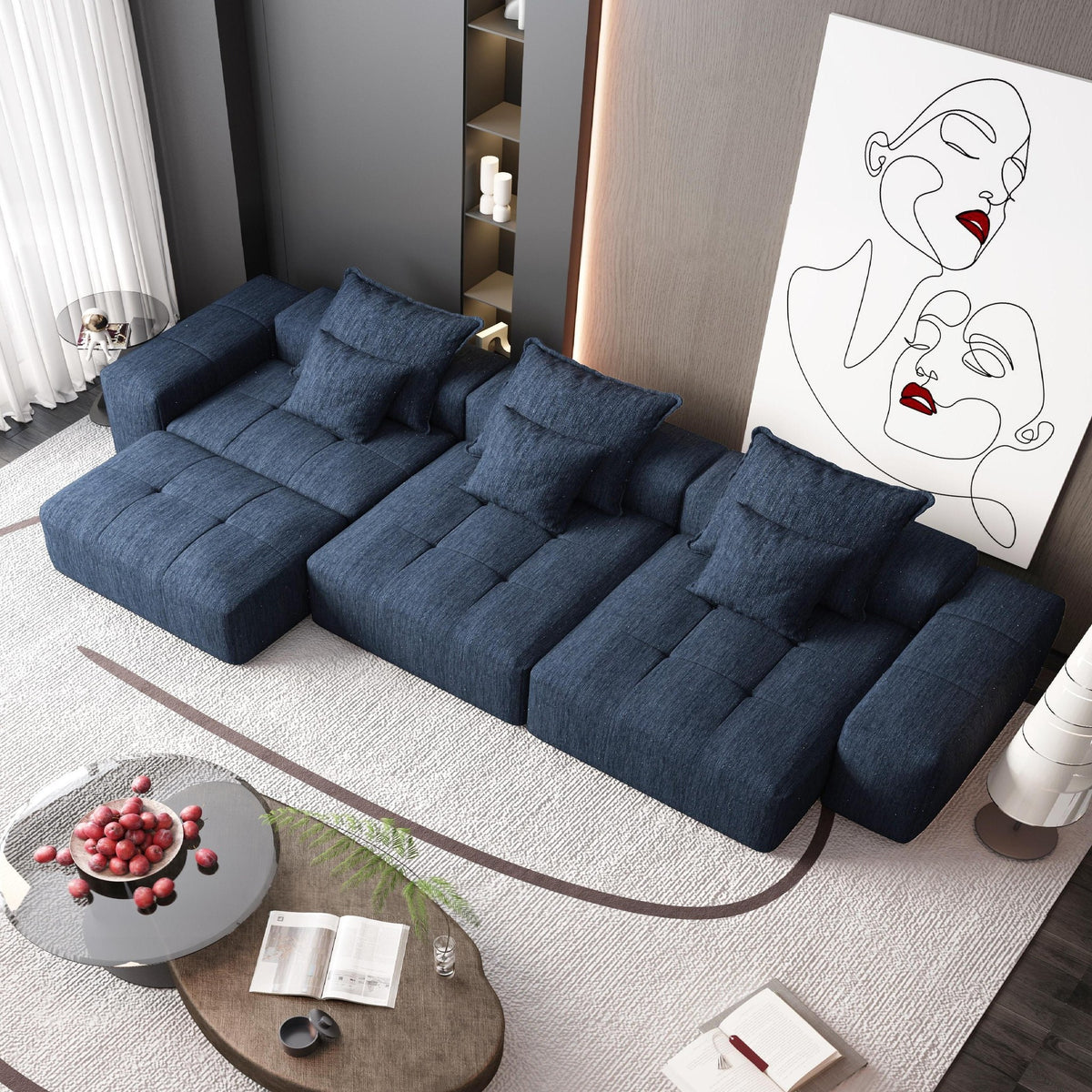Chenille Spring-Core Boneless Couch — 184"W — Blue