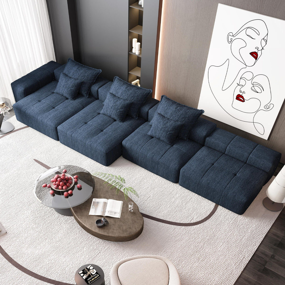 Chenille Spring-Core Boneless Couch — 184"W — Blue