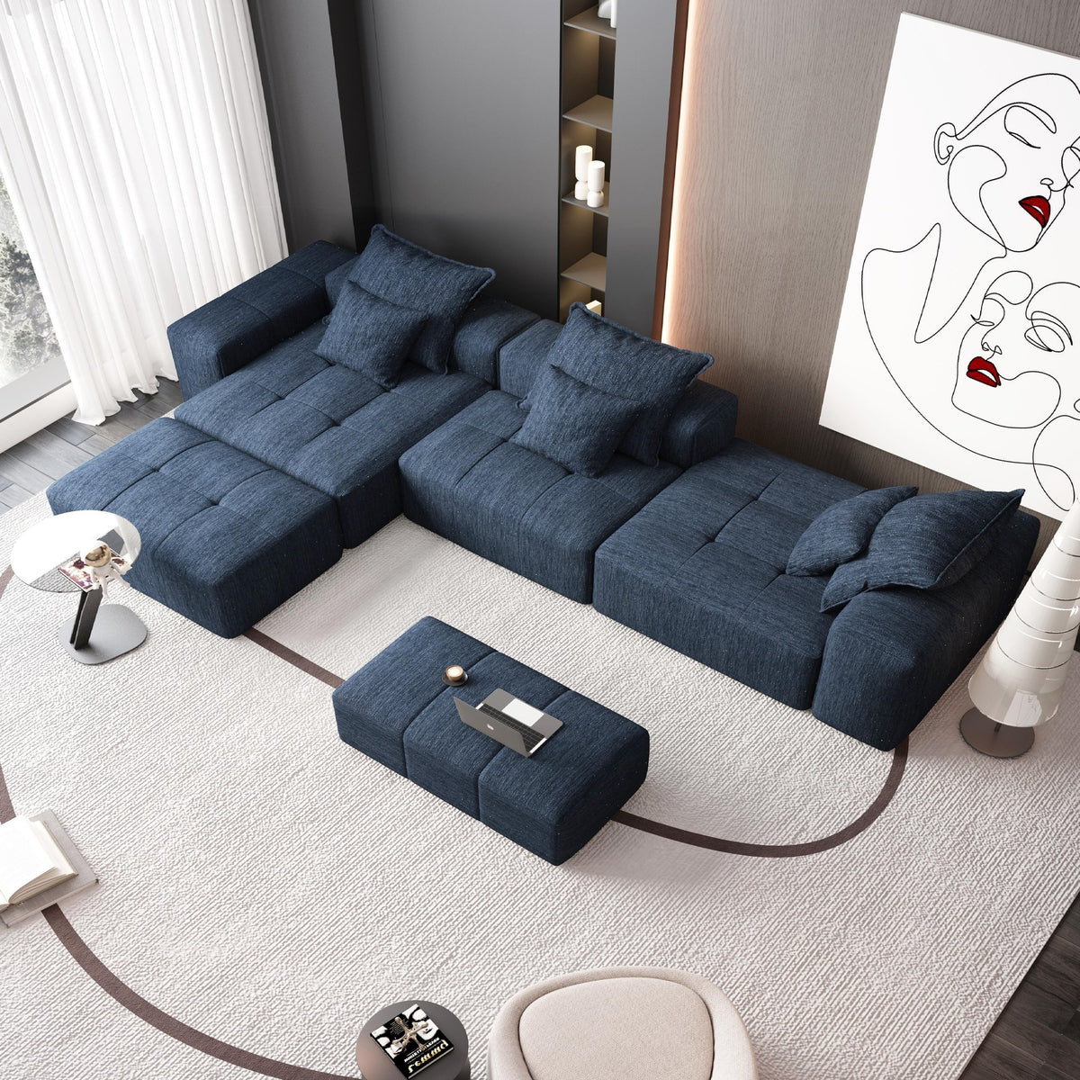Chenille Spring-Core Boneless Couch — 184"W — Blue