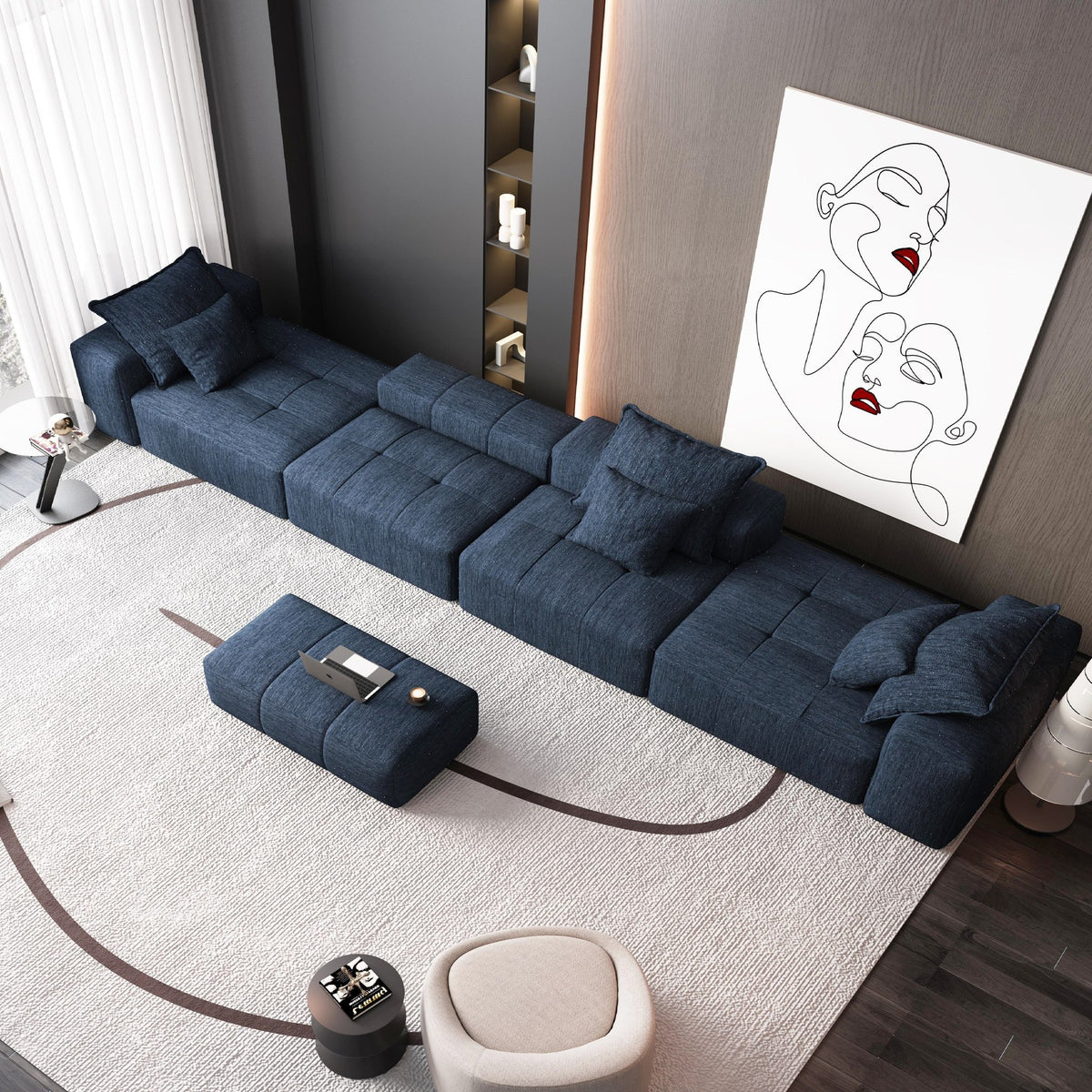Chenille Spring-Core Boneless Couch — 184"W — Blue
