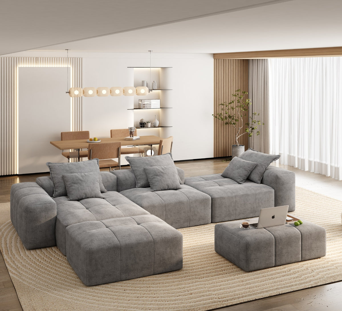 Chenille Spring-Core Boneless Couch — 184"W — Grey