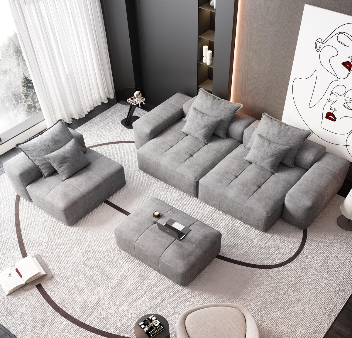 Chenille Spring-Core Boneless Couch — 184"W — Grey