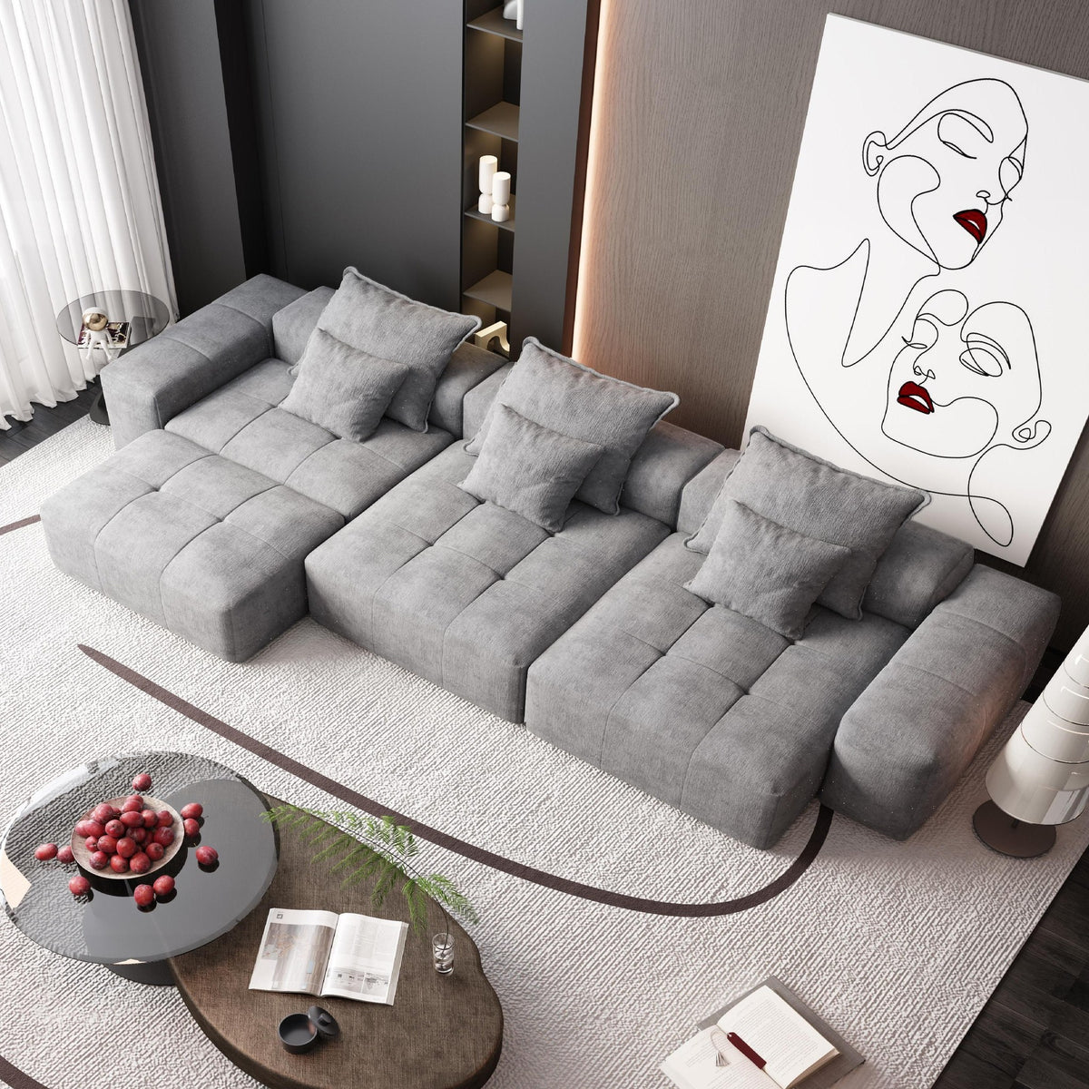 Chenille Spring-Core Boneless Couch — 184"W — Grey