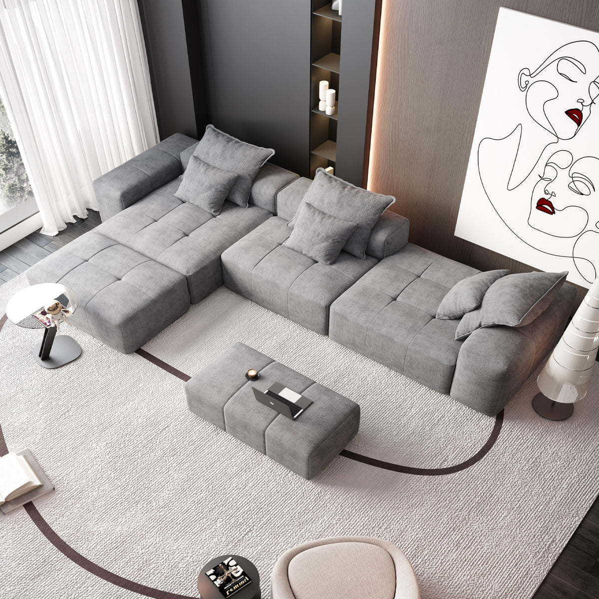Chenille Spring-Core Boneless Couch — 184"W — Grey