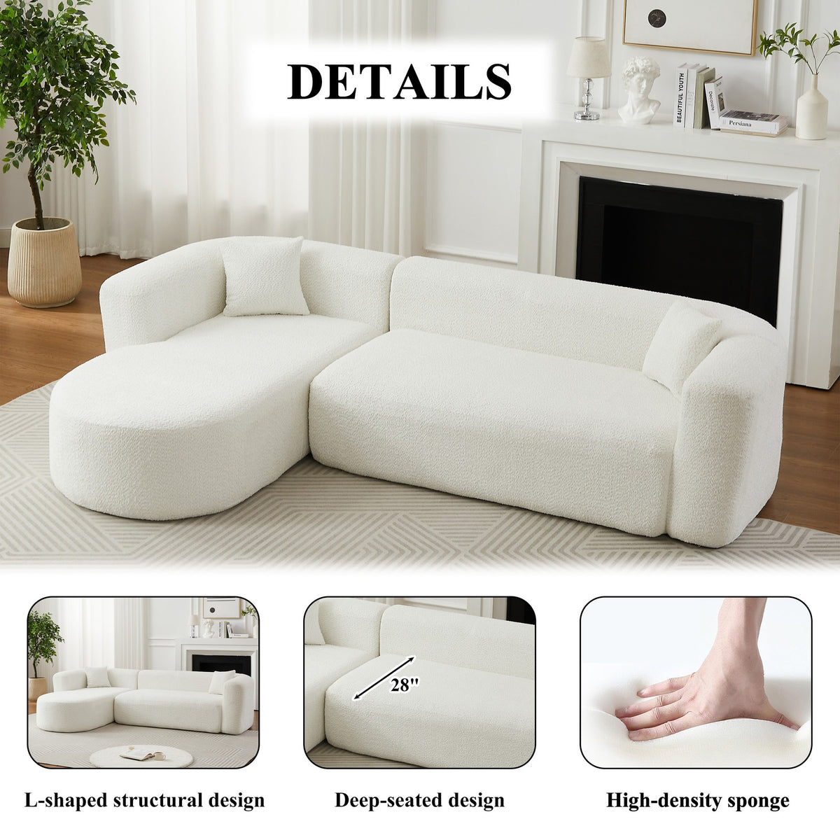 Chenille Spring-Core Boneless Couch — 3-Seat, 109"W — Beige