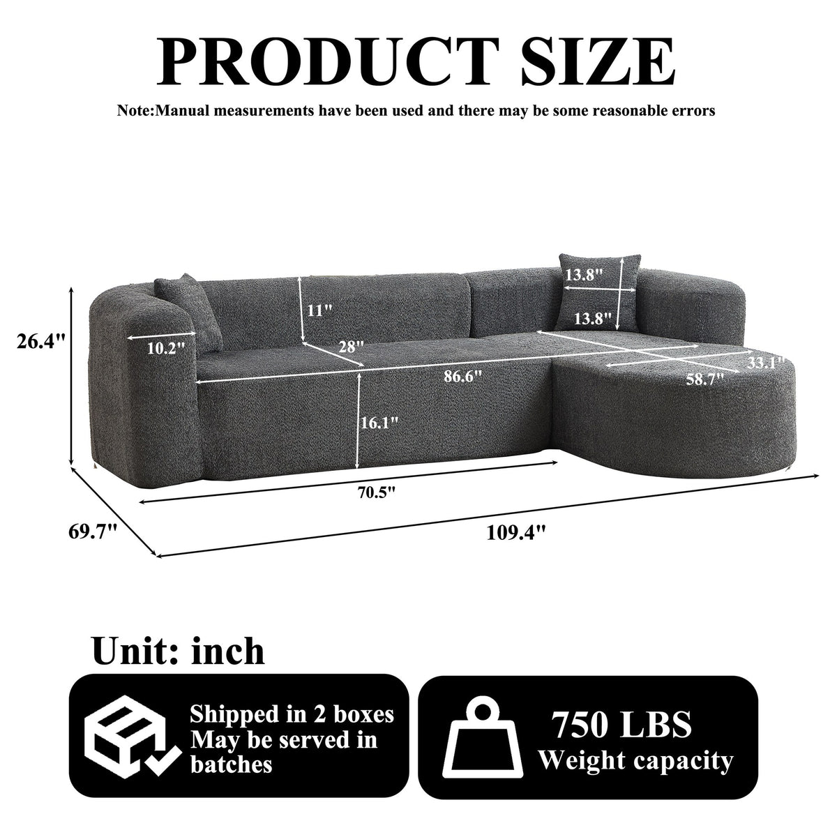 Chenille Spring-Core Boneless Couch — 3-Seat, 109"W — Gray