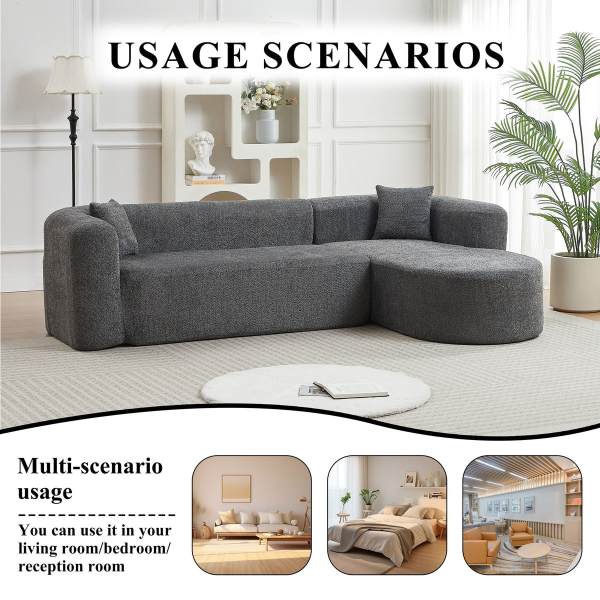 Chenille Spring-Core Boneless Couch — 3-Seat, 109"W — Gray