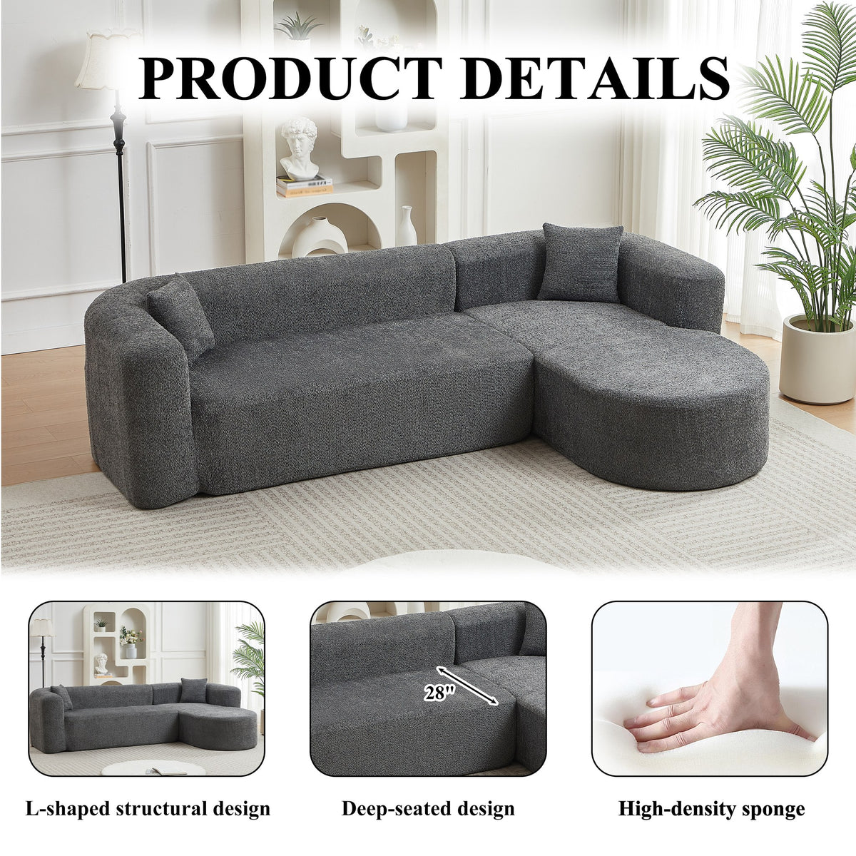 Chenille Spring-Core Boneless Couch — 3-Seat, 109"W — Gray