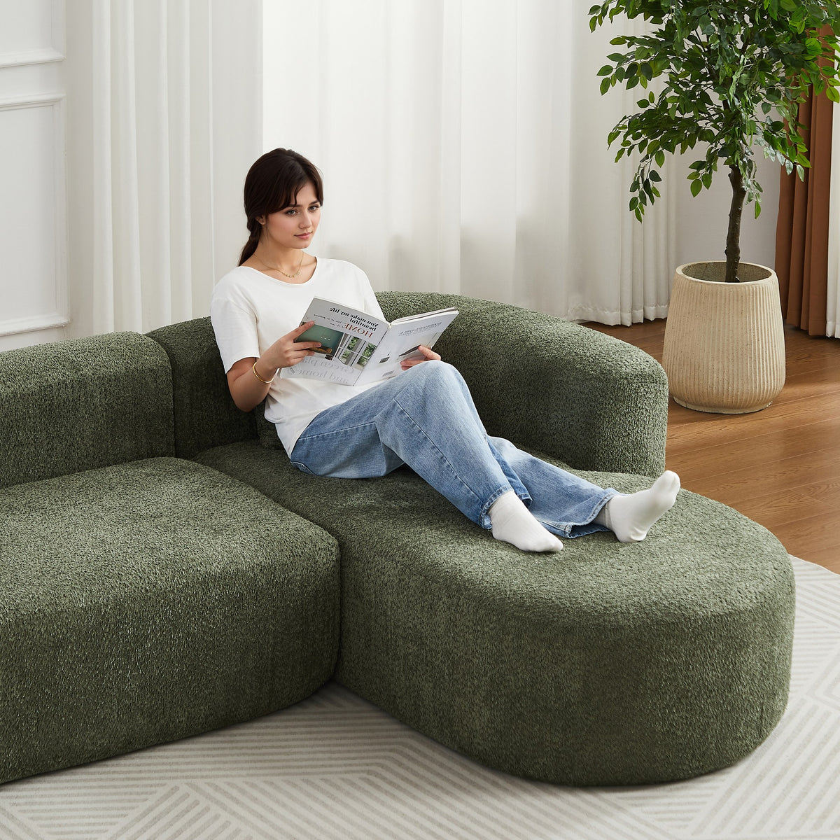 Chenille Spring-Core Boneless Couch — 3-Seat, 109"W — Green