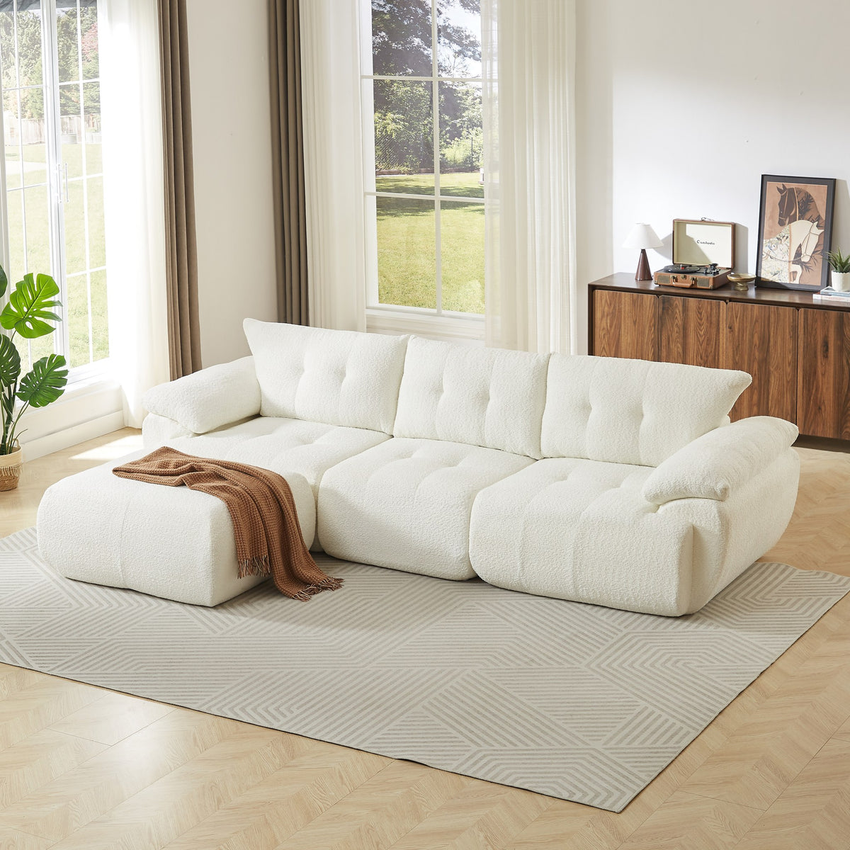 Chenille Spring-Core Boneless Couch — 3-Seat, 115"W — Beige