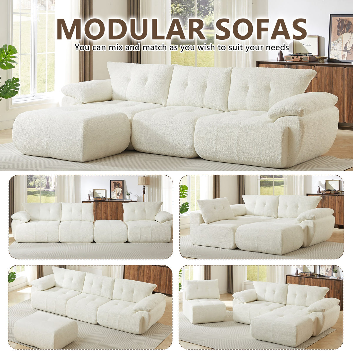 Chenille Spring-Core Boneless Couch — 3-Seat, 115"W — Beige