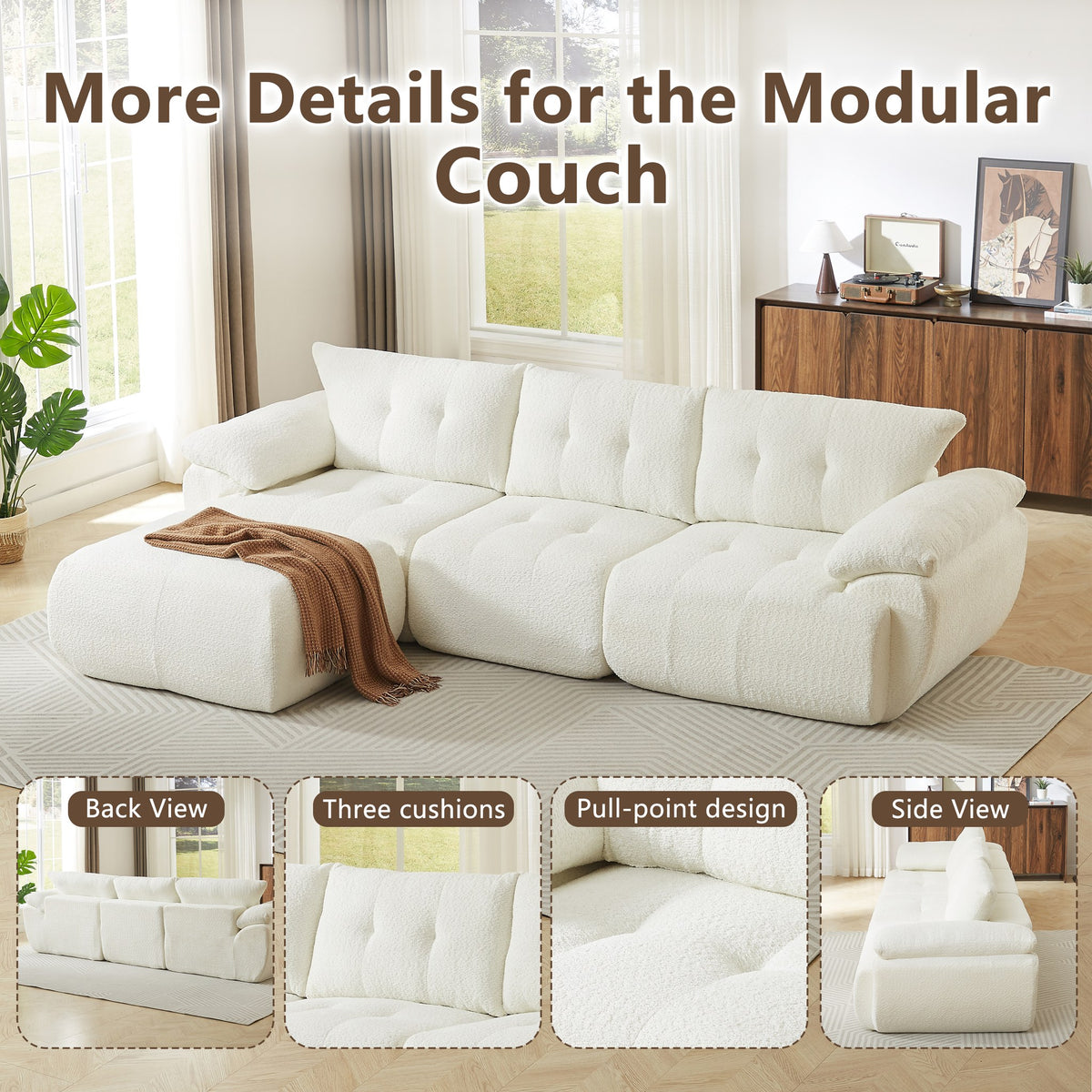Chenille Spring-Core Boneless Couch — 3-Seat, 115"W — Beige