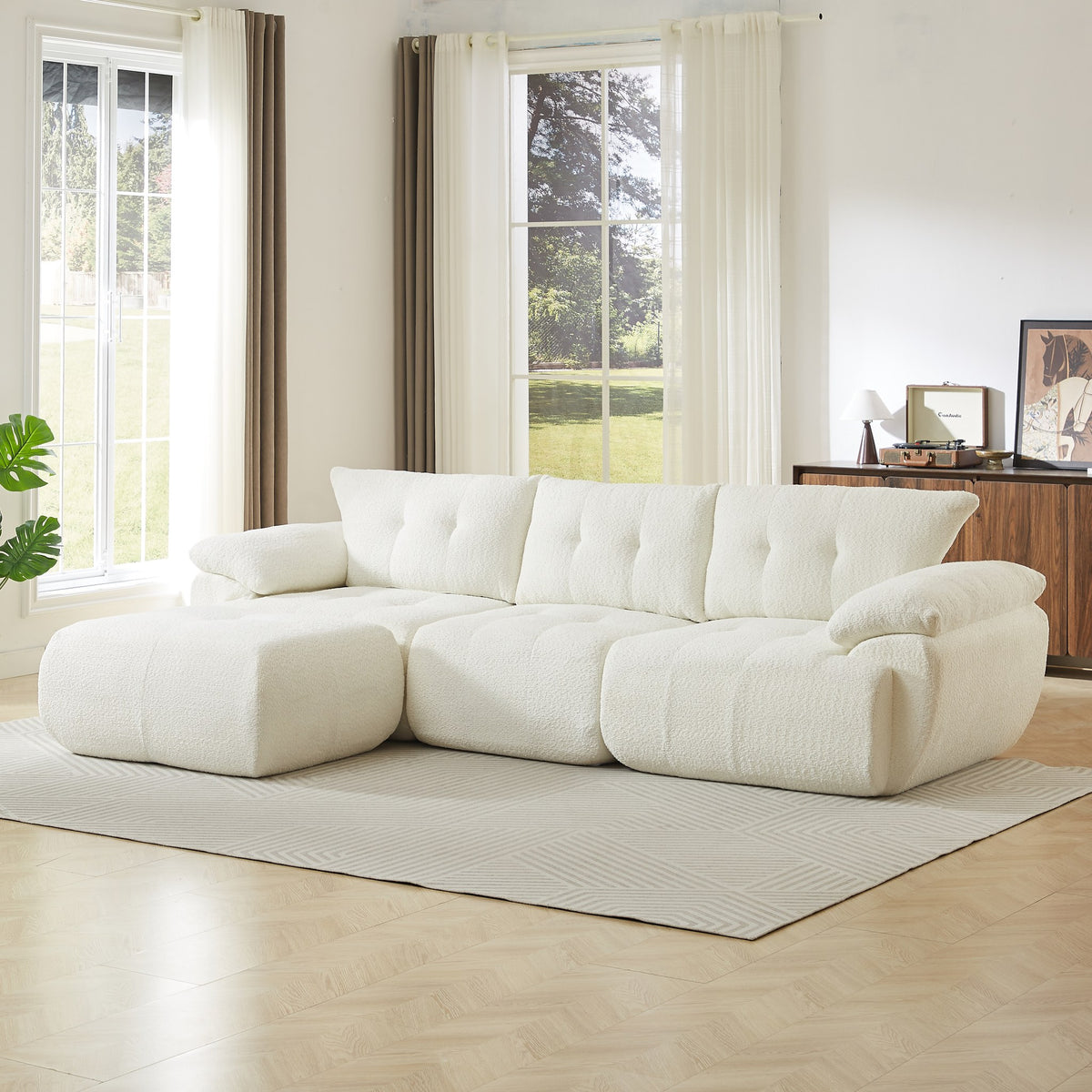 Chenille Spring-Core Boneless Couch — 3-Seat, 115"W — Beige