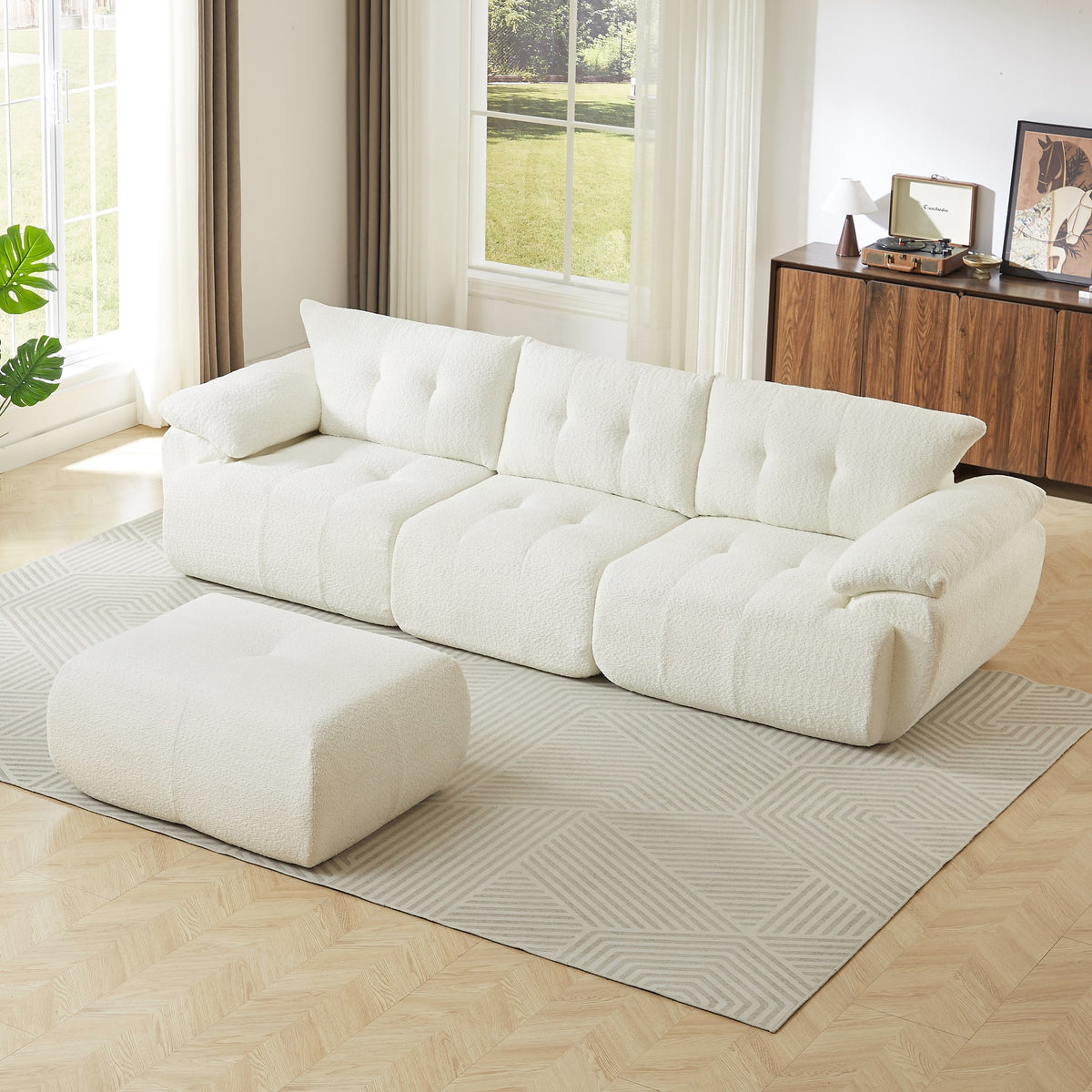 Chenille Spring-Core Boneless Couch — 3-Seat, 115"W — Beige