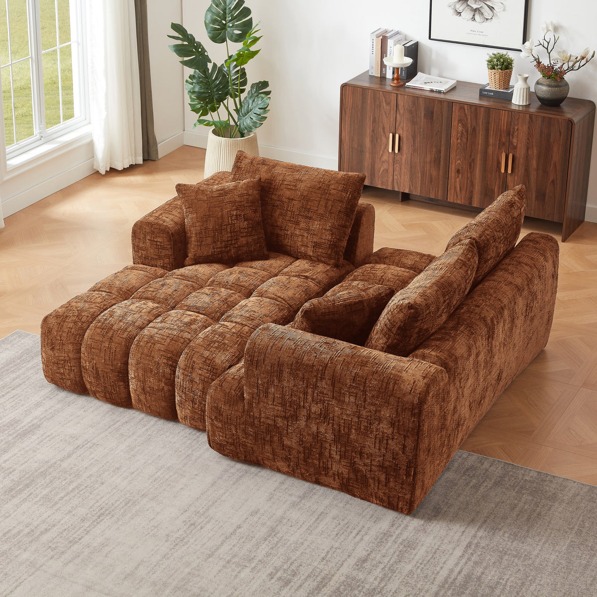 Chenille Spring-Core Compression Sectional — 4-Seat, 108"W — Orange / Left-Facing