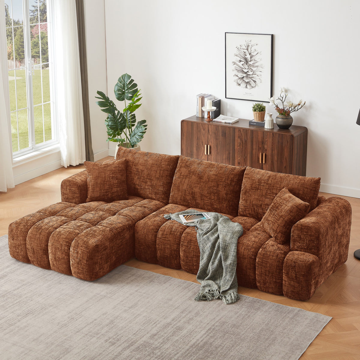 Chenille Spring-Core Compression Sectional — 4-Seat, 108"W — Orange / Left-Facing