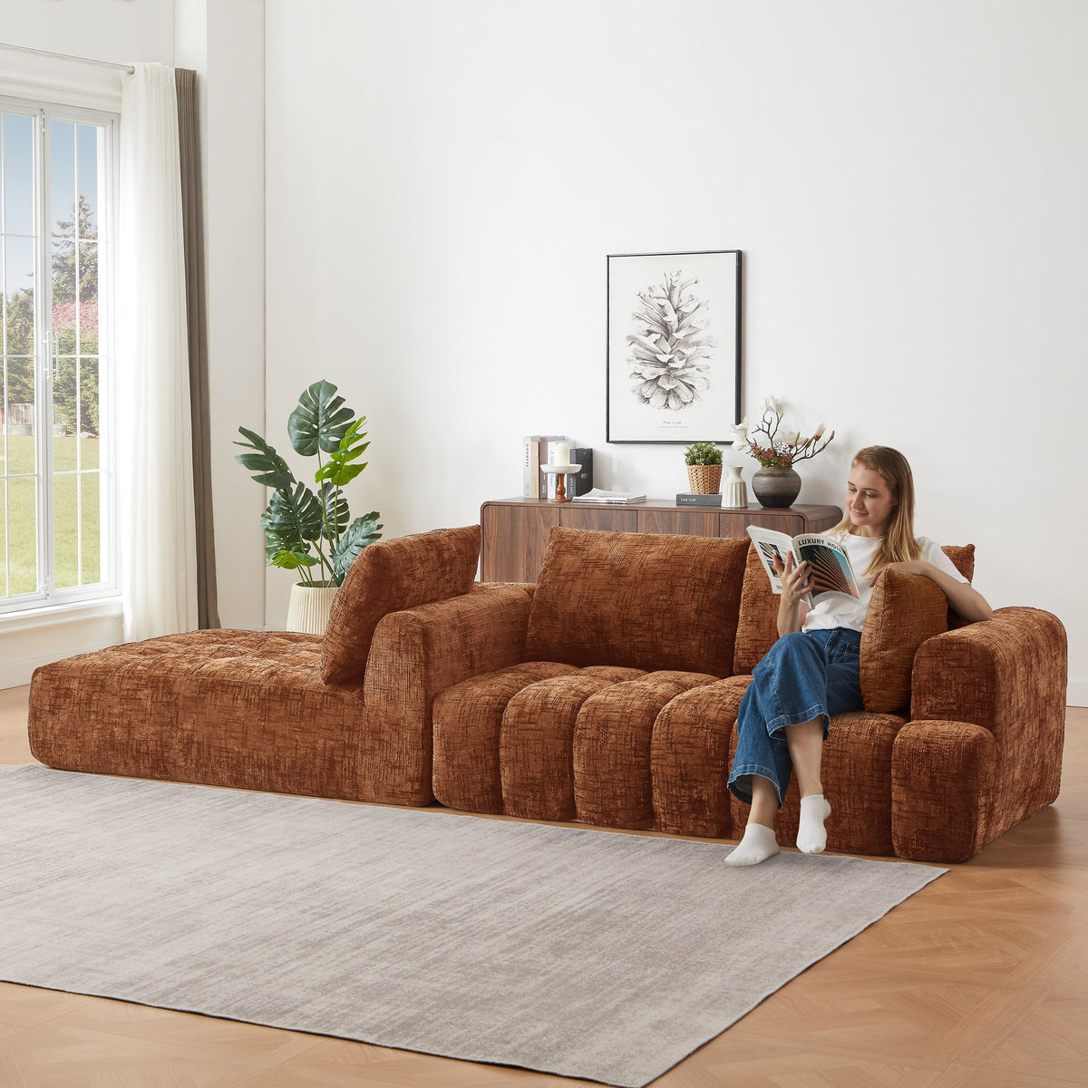Chenille Spring-Core Compression Sectional — 4-Seat, 108"W — Orange / Left-Facing