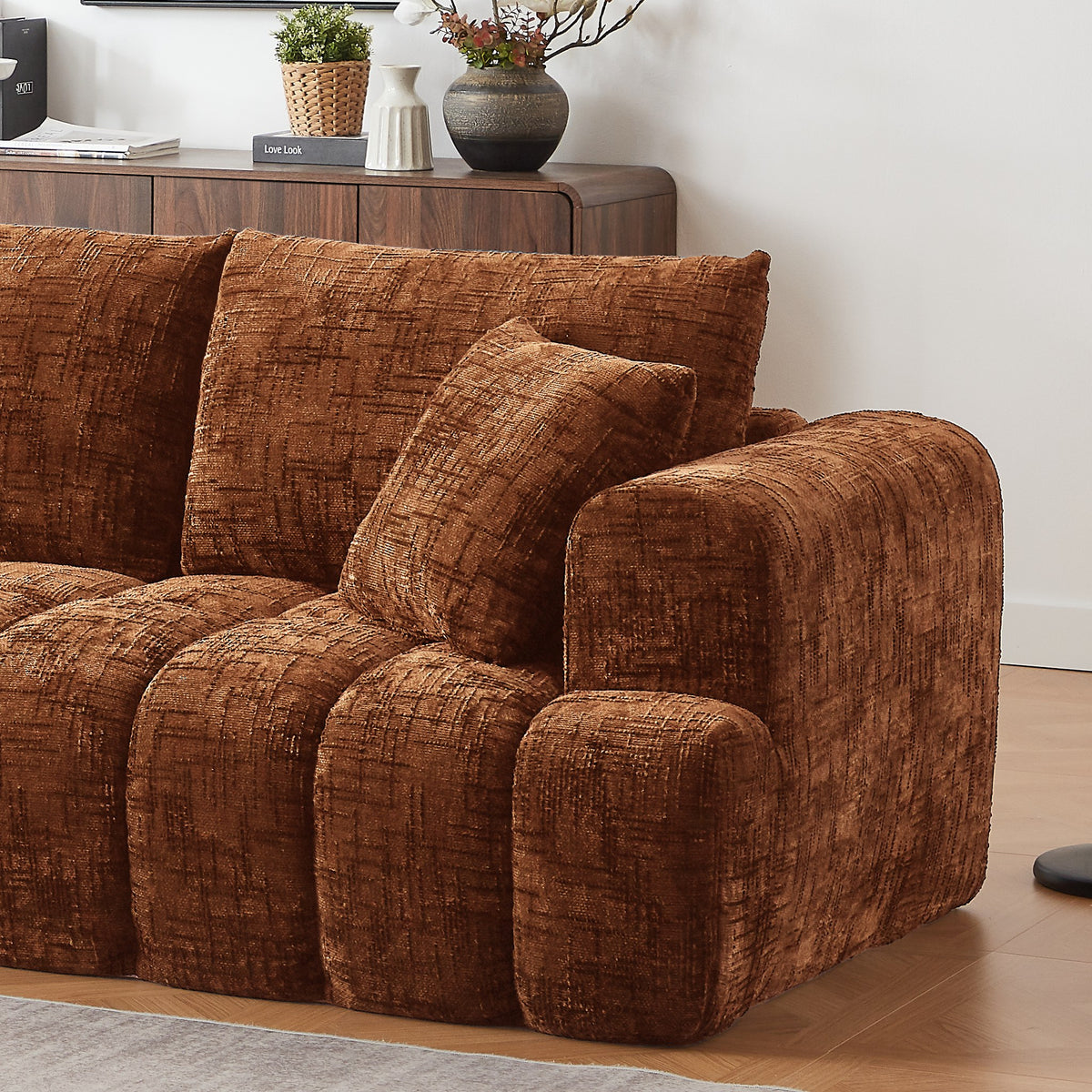 Chenille Spring-Core Compression Sectional — 4-Seat, 108"W — Orange / Left-Facing