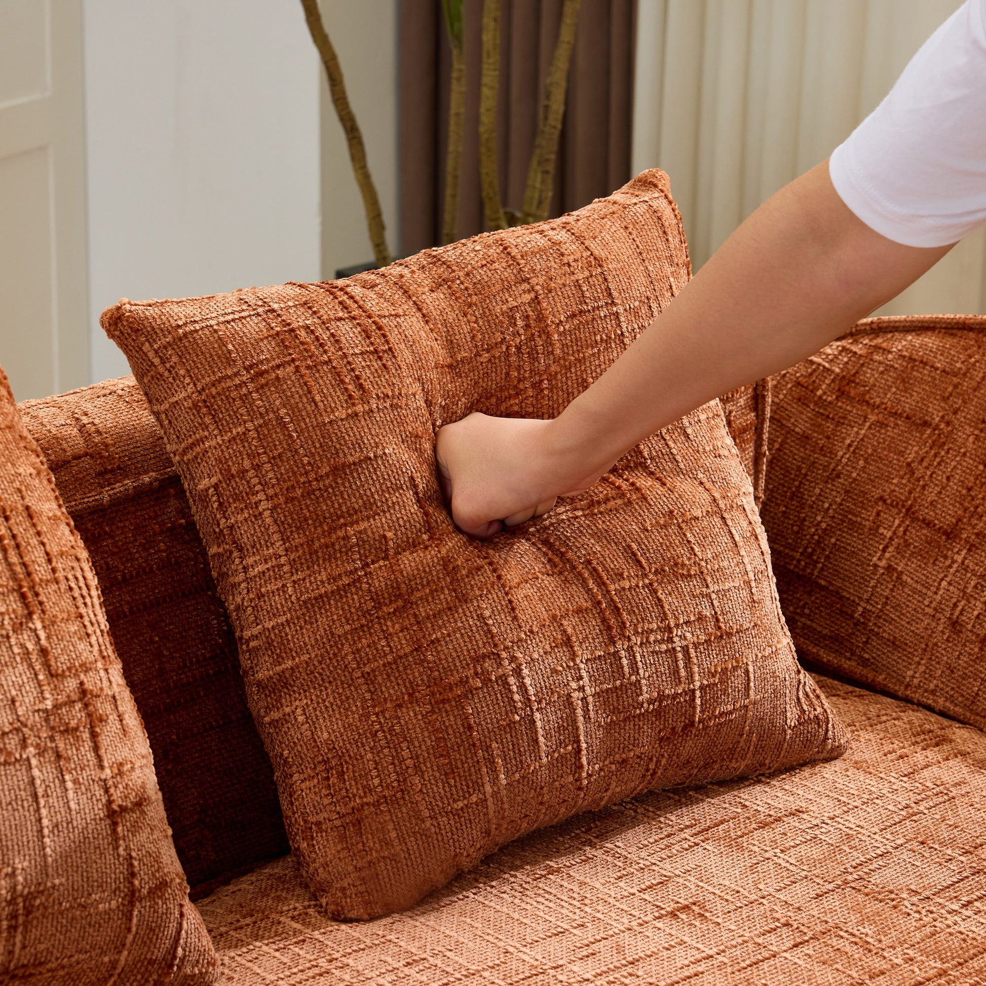Chenille Spring-Core Compression Sofa — 4-Seat, 109"W — Orange