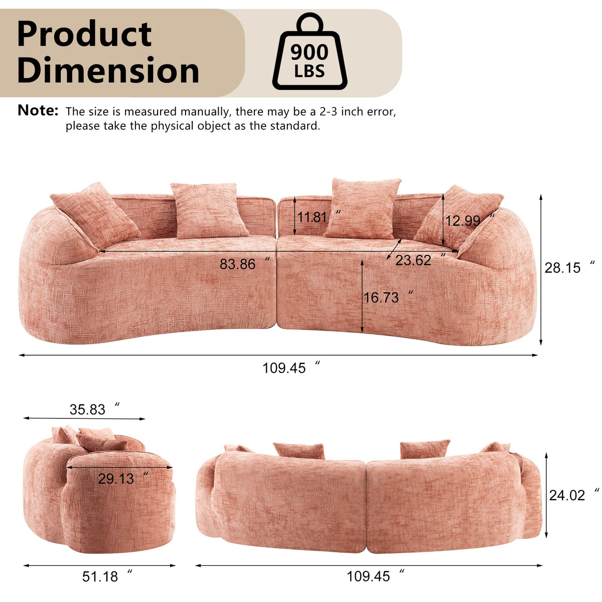 Pink chenille spring-core boneless couch, 4-seat 109-inch, measurements — dimensions — Pink