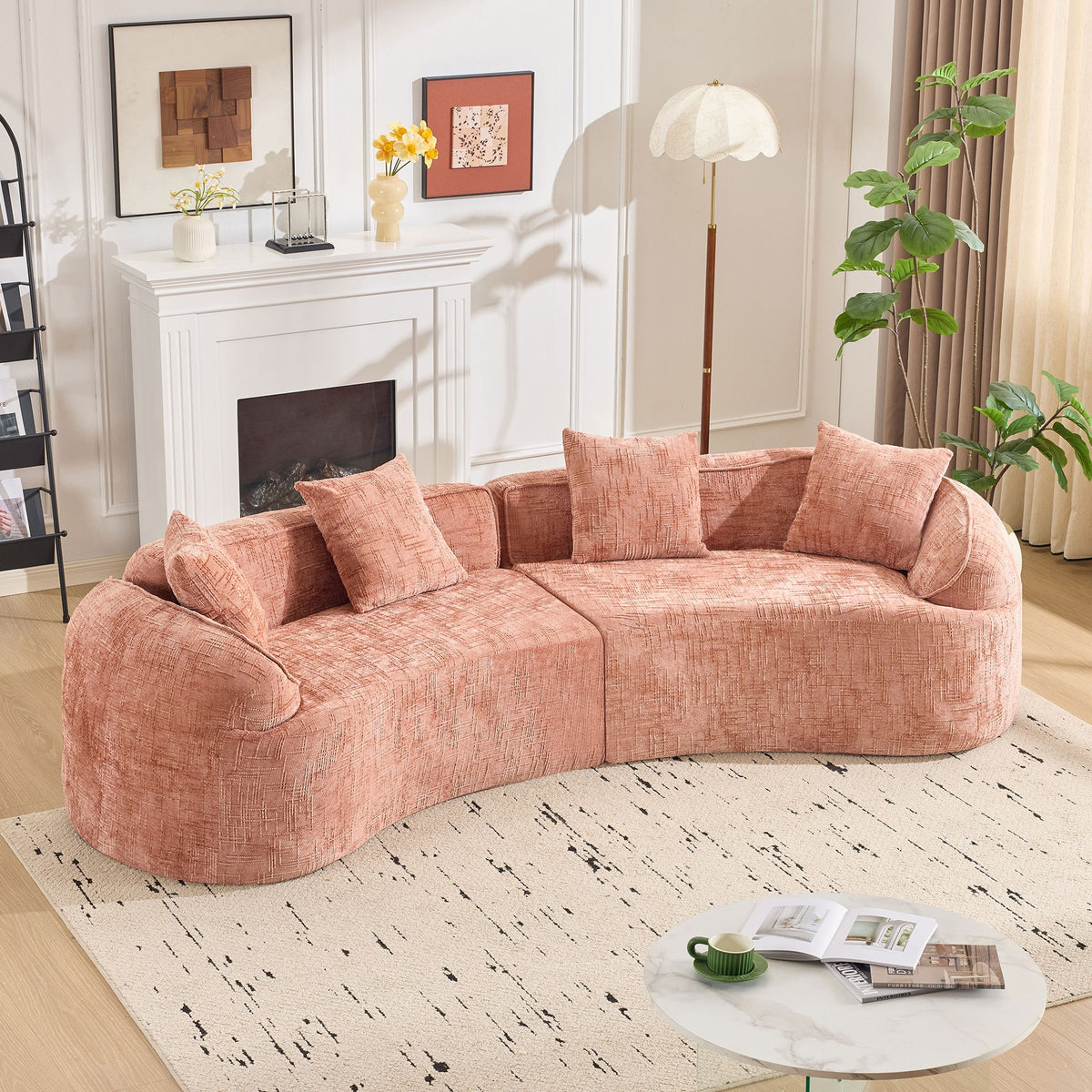 Pink chenille spring-core boneless couch, 4-seat 109-inch, in a living room — Pink