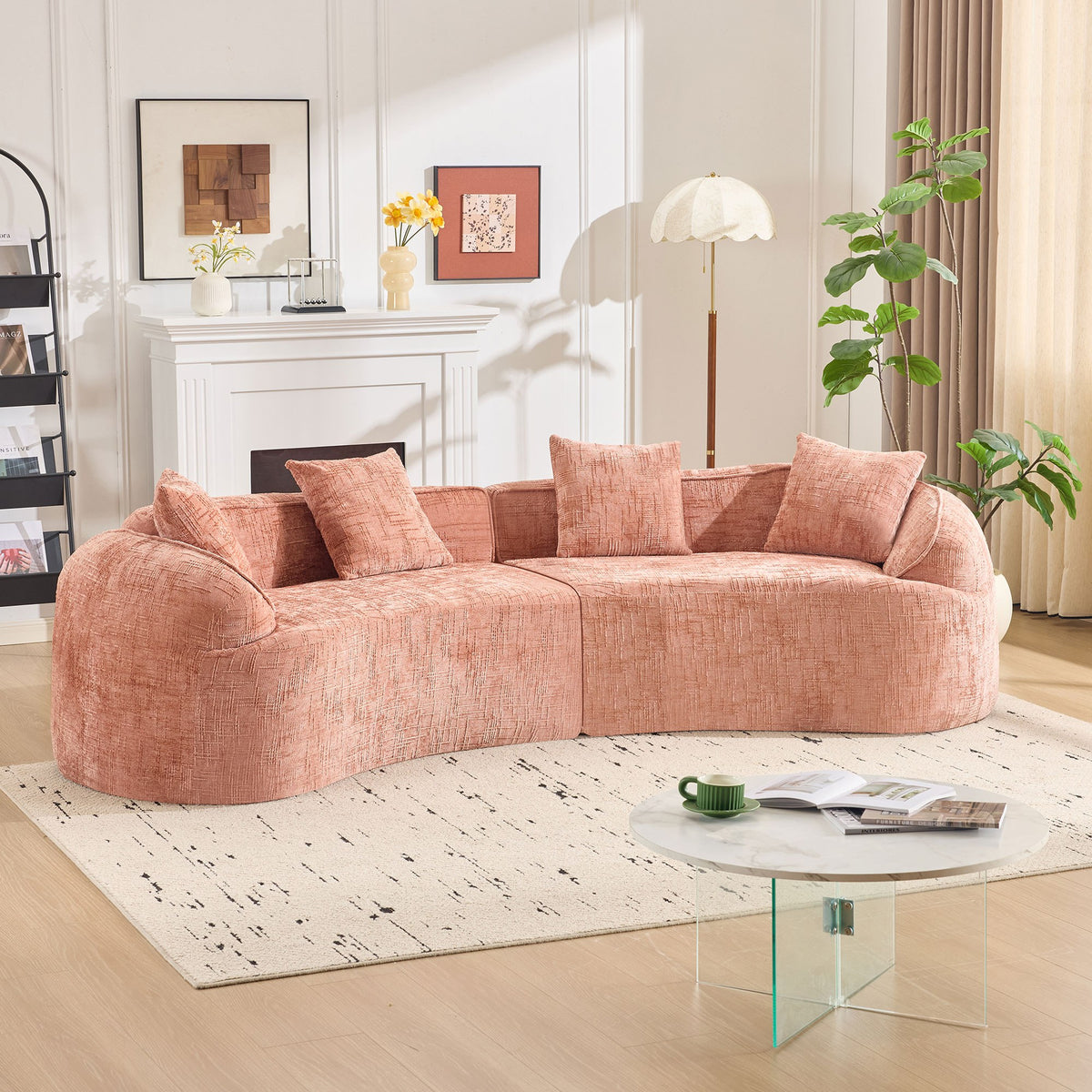 Pink chenille spring-core boneless couch, 4-seat 109-inch, front view in a living room — Pink
