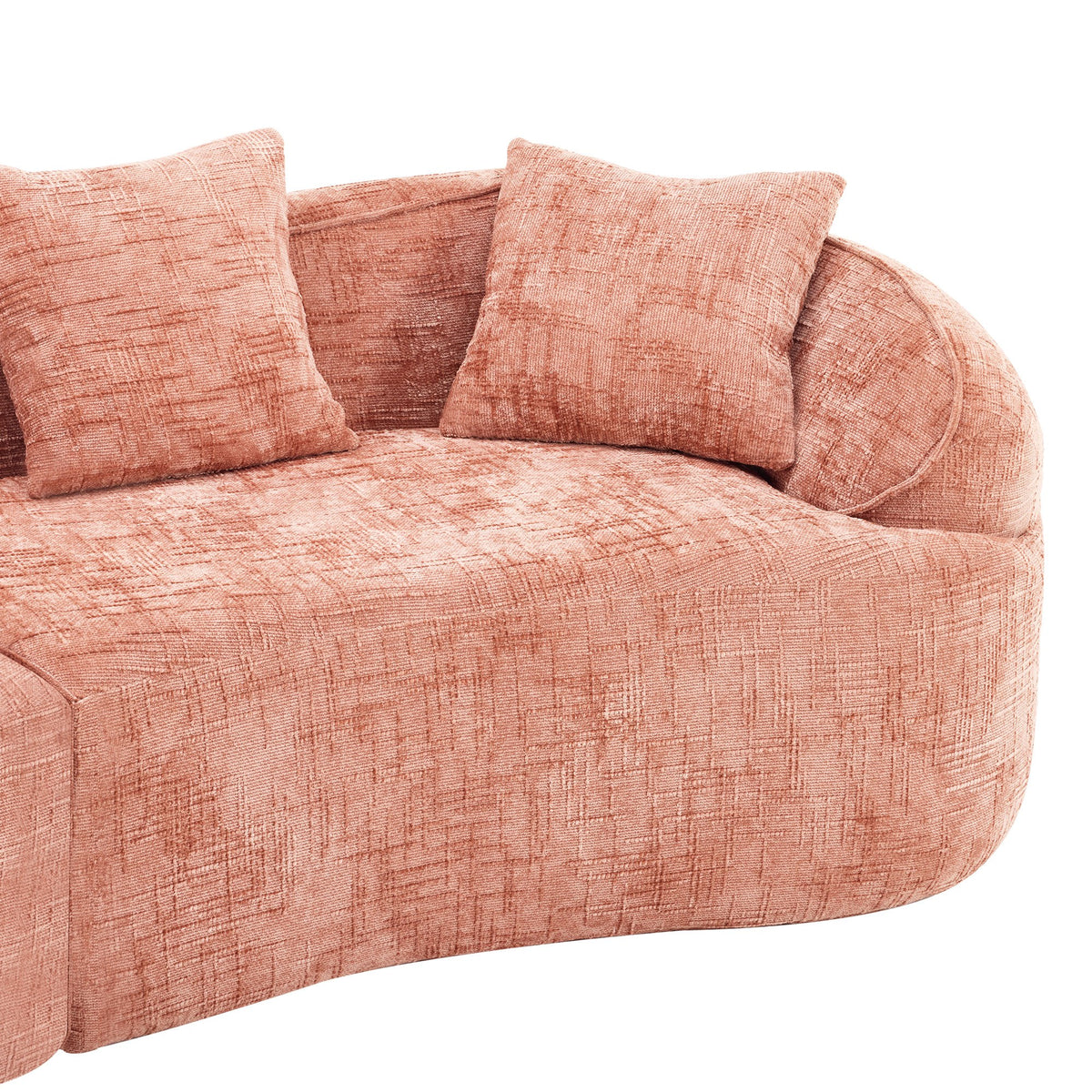 Pink chenille spring-core boneless couch, 4-seat 109-inch, angled view on a white background — Pink