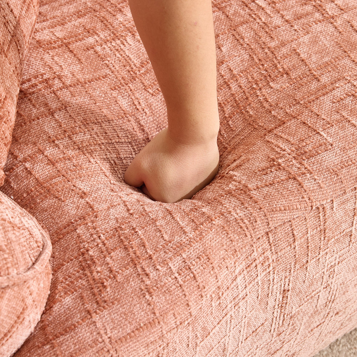 Pink chenille spring-core boneless couch, 4-seat 109-inch, close-up of the textured chenille — Pink