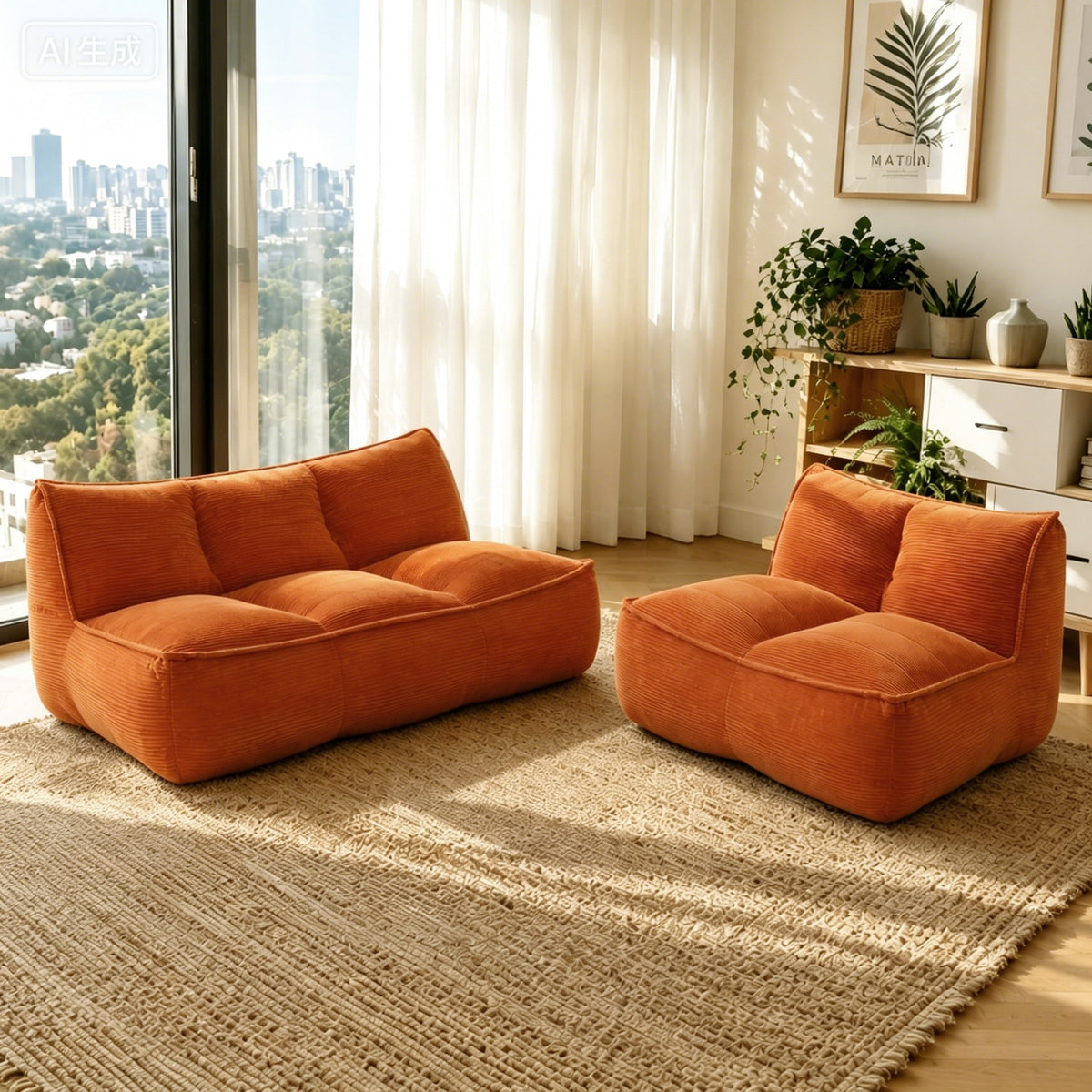 Corduroy Boneless Couch — 2/3-Seat — Orange / 2-Seat + 3-Seat