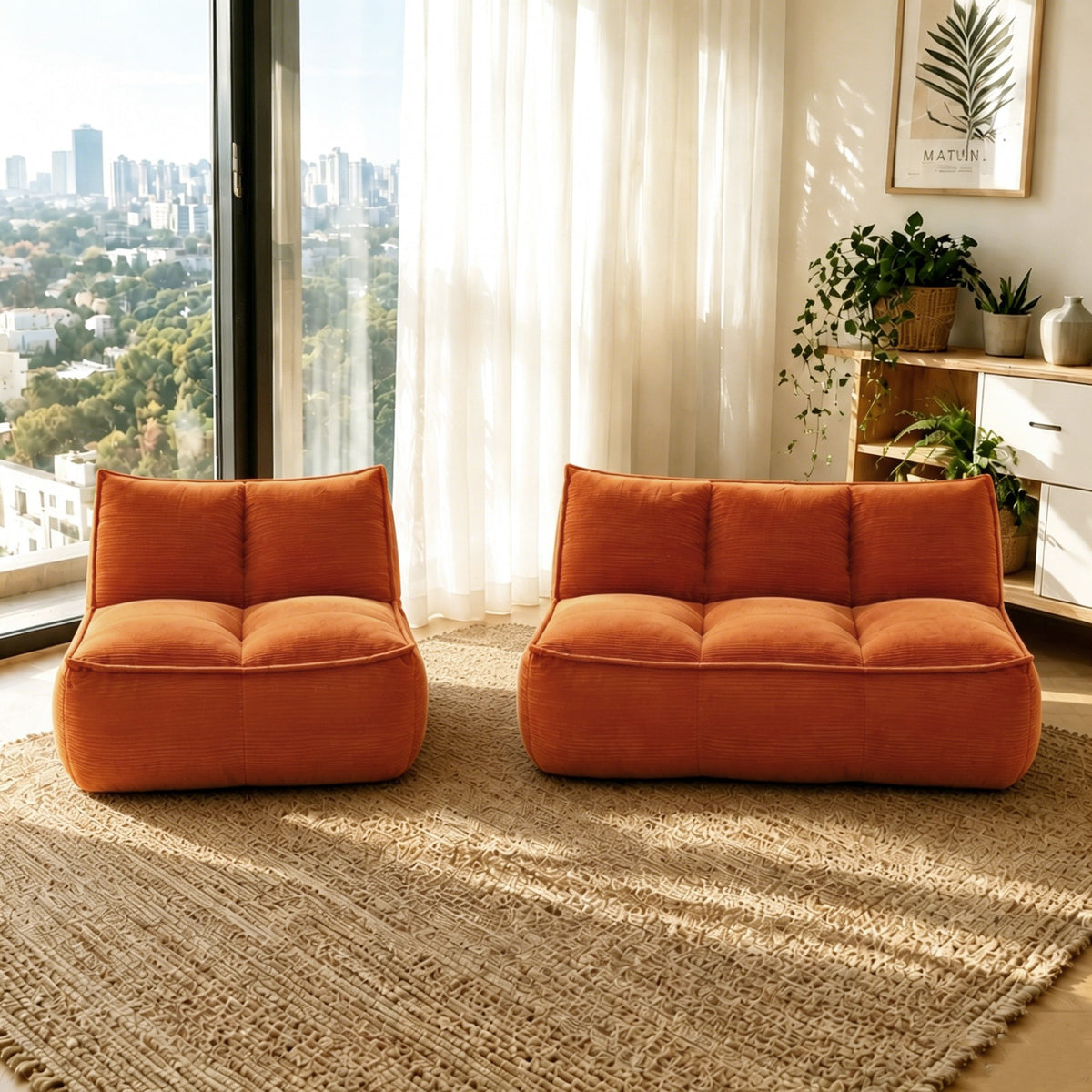 Corduroy Boneless Couch — 2/3-Seat — Orange / 2-Seat + 3-Seat