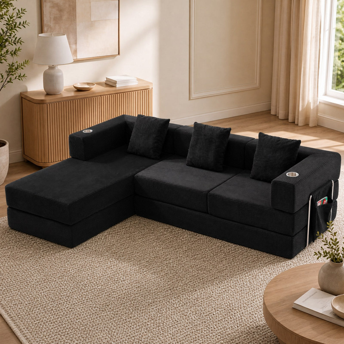 Corduroy Boneless Couch — 4-Seat — Black