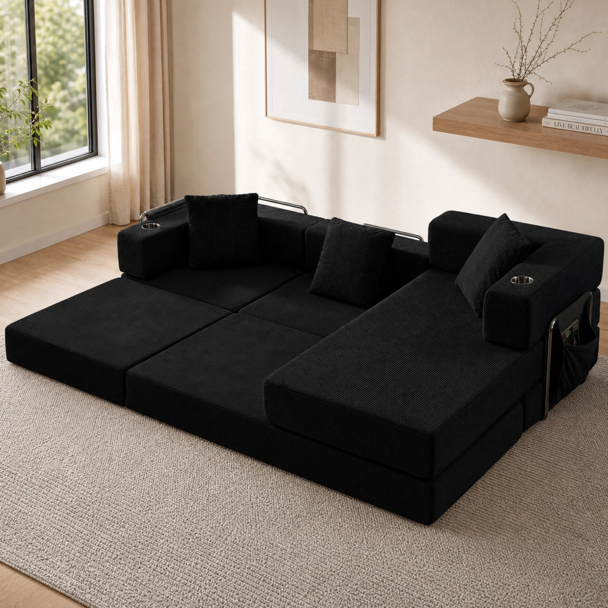 Corduroy Boneless Couch — 4-Seat — Black
