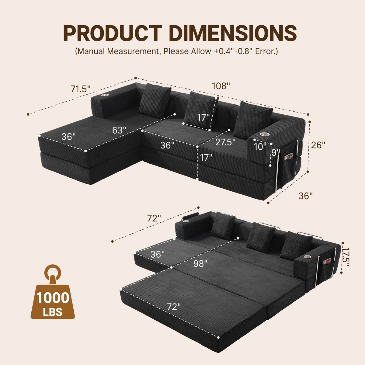Corduroy Boneless Couch — 4-Seat — Black