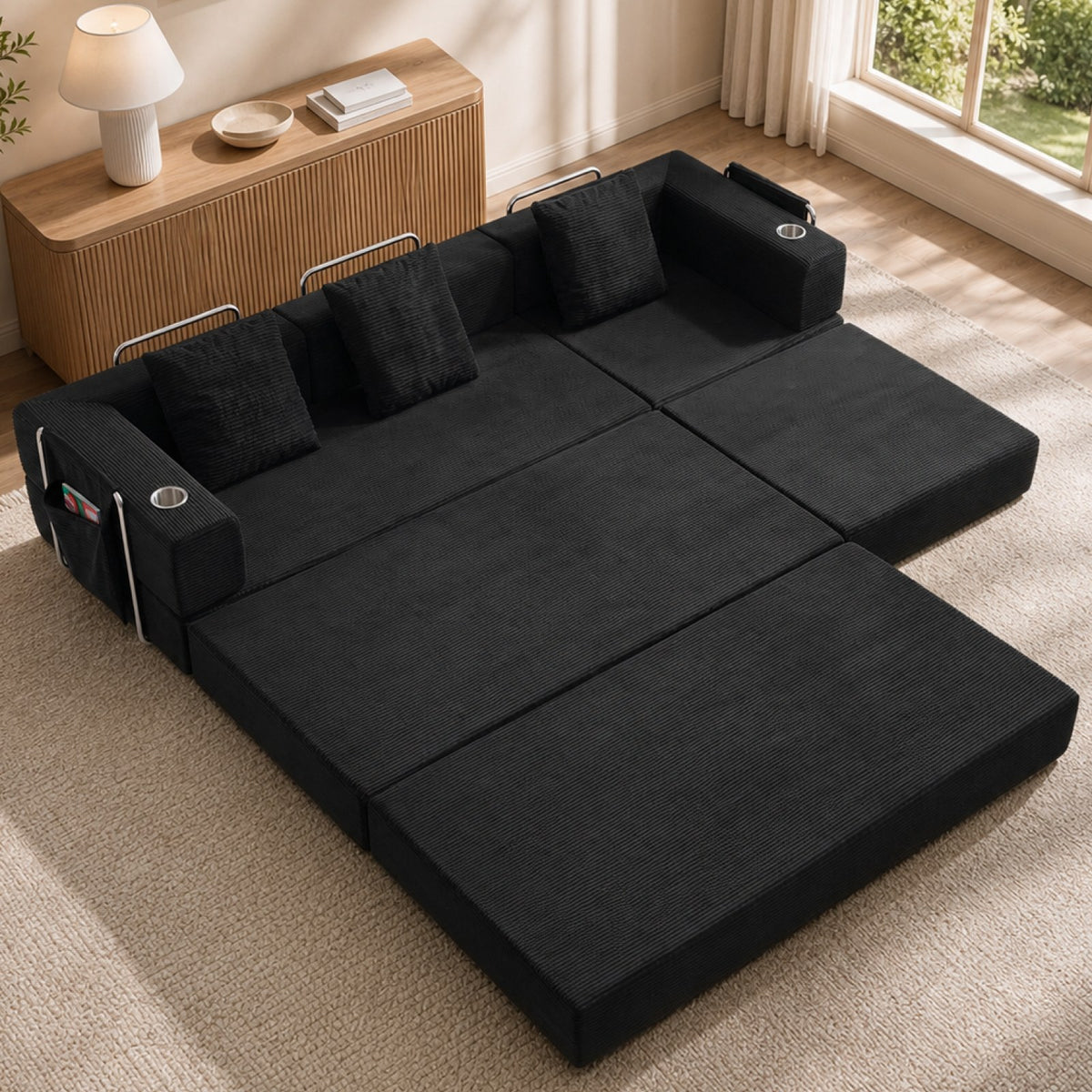 Corduroy Boneless Couch — 4-Seat — Black