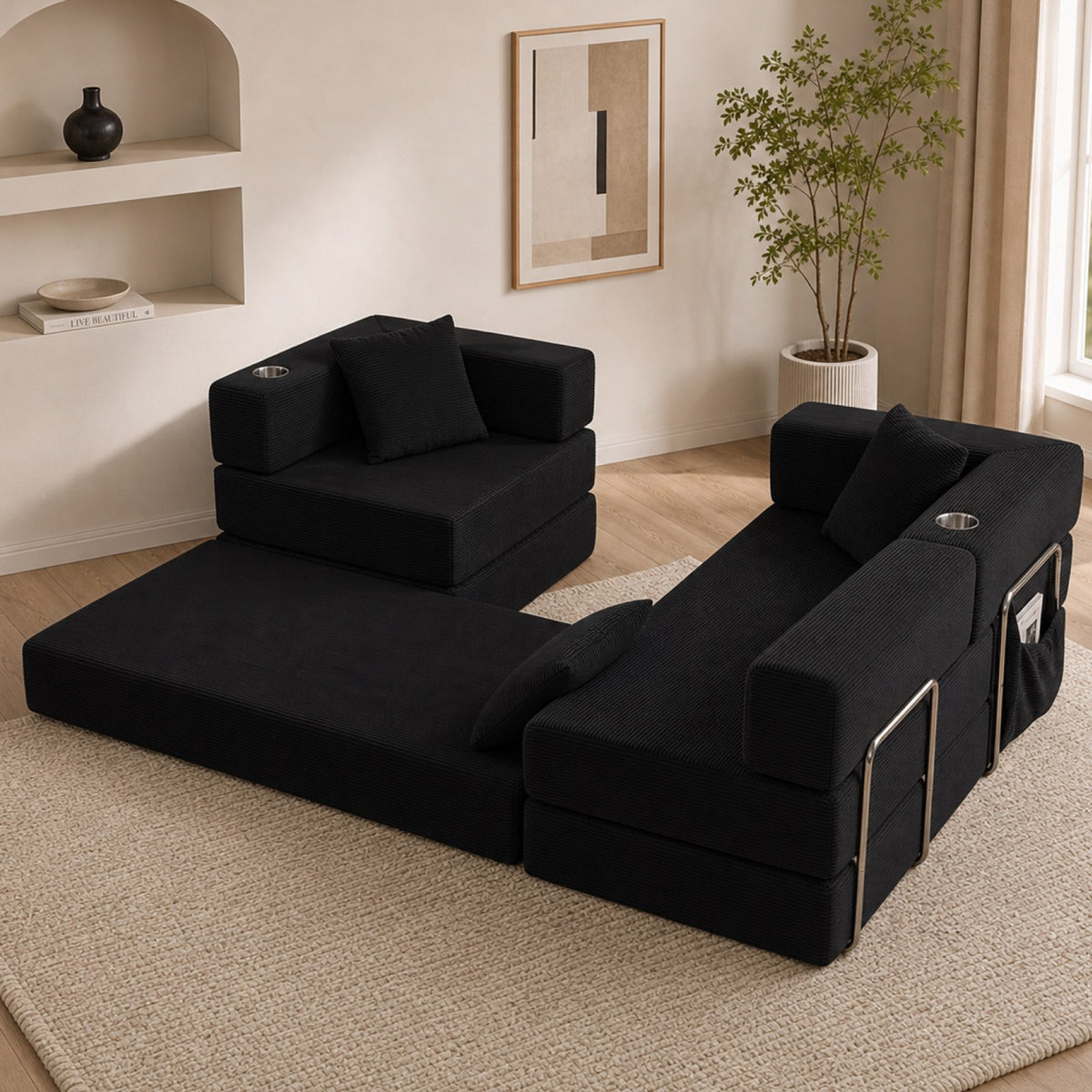Corduroy Boneless Couch — 4-Seat — Black