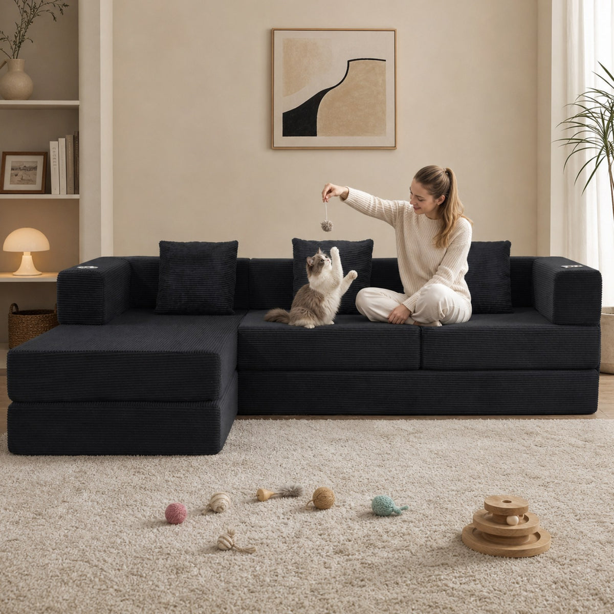 Corduroy Boneless Couch — 4-Seat — Black