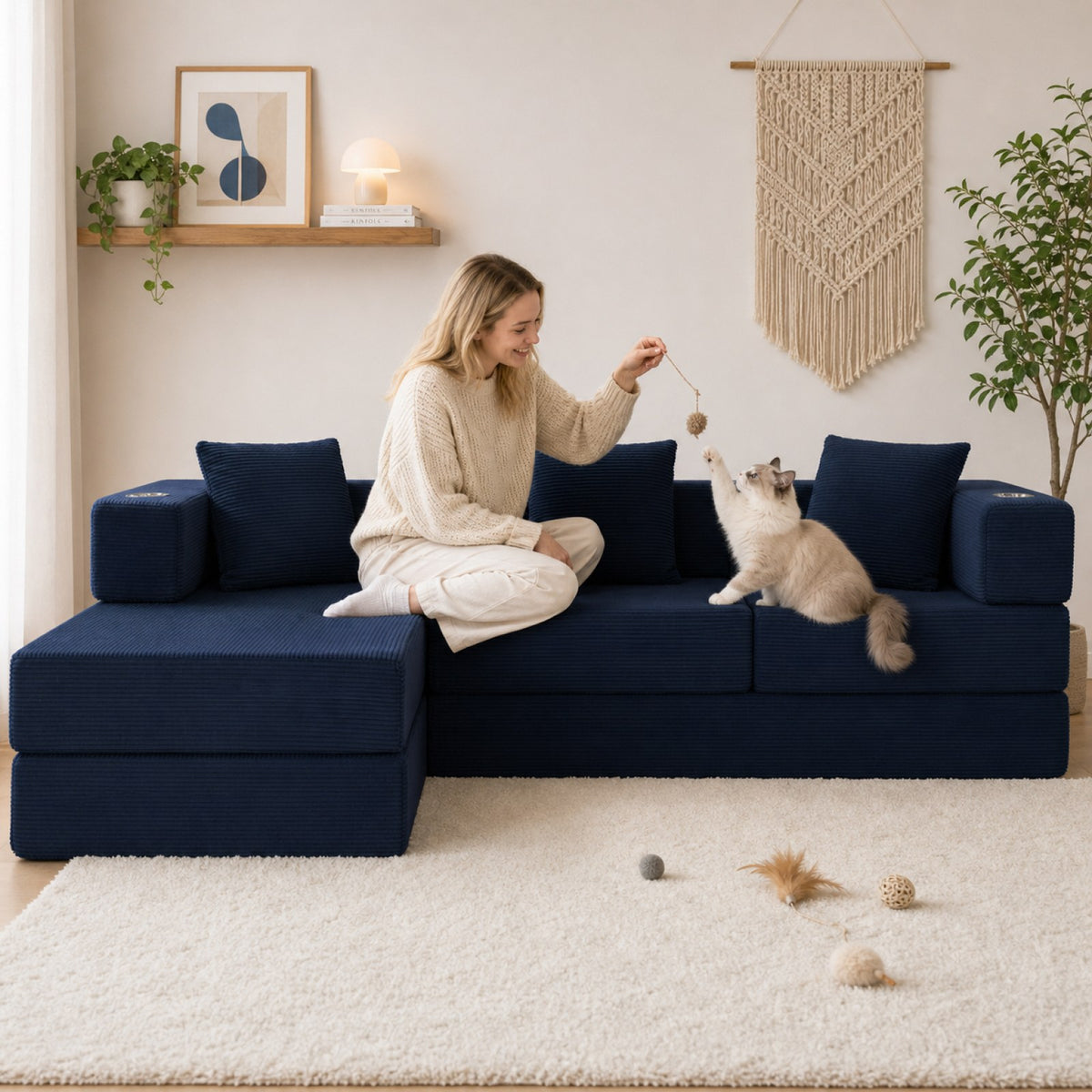 Corduroy Boneless Couch — 4-Seat — Blue