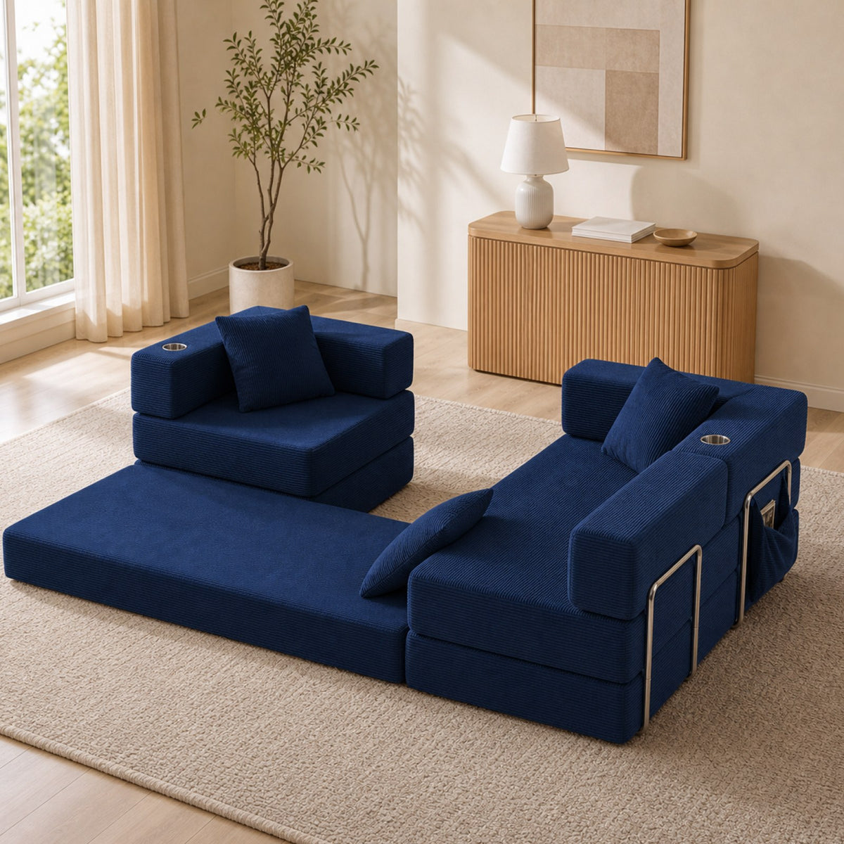 Corduroy Boneless Couch — 4-Seat — Blue