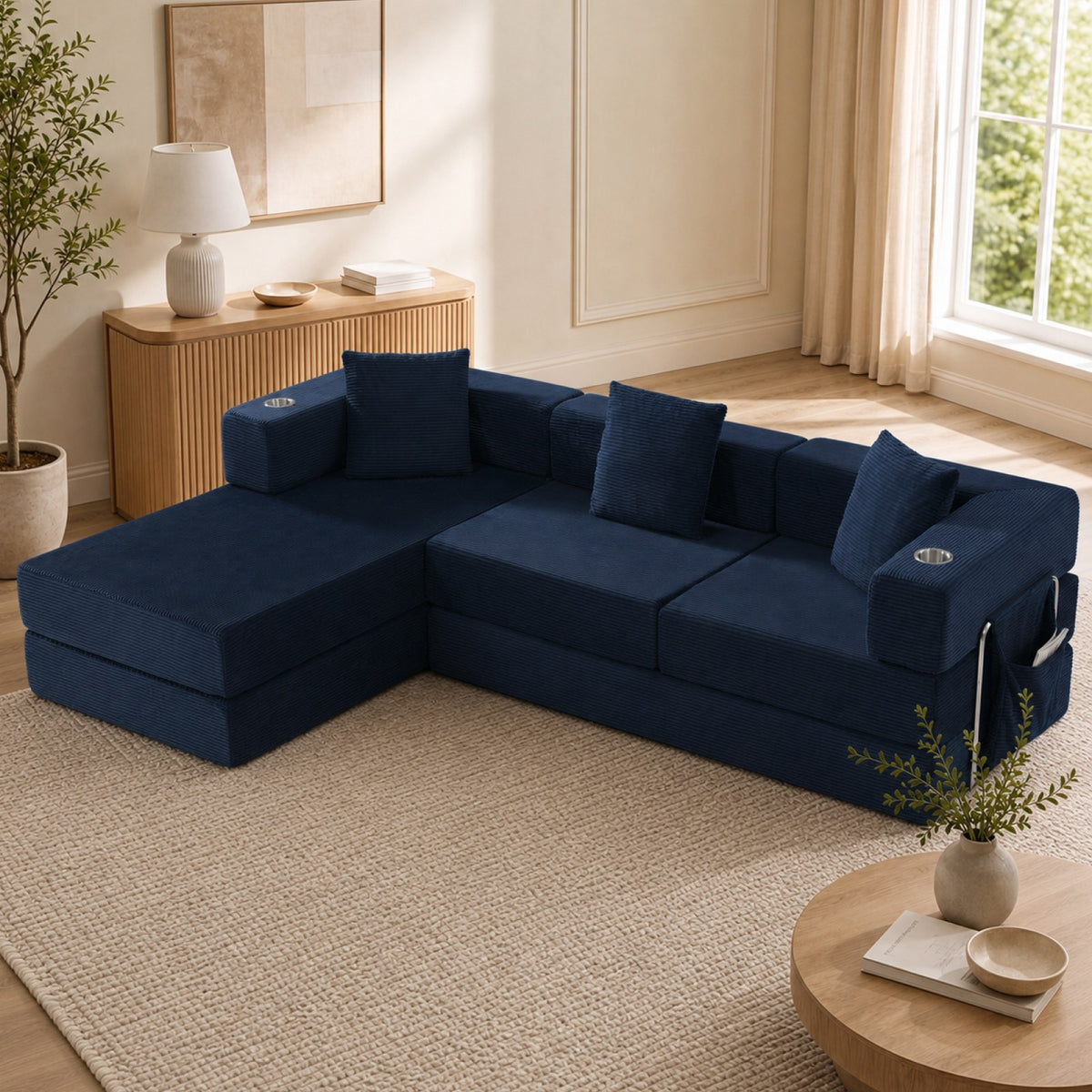 Corduroy Boneless Couch — 4-Seat — Blue