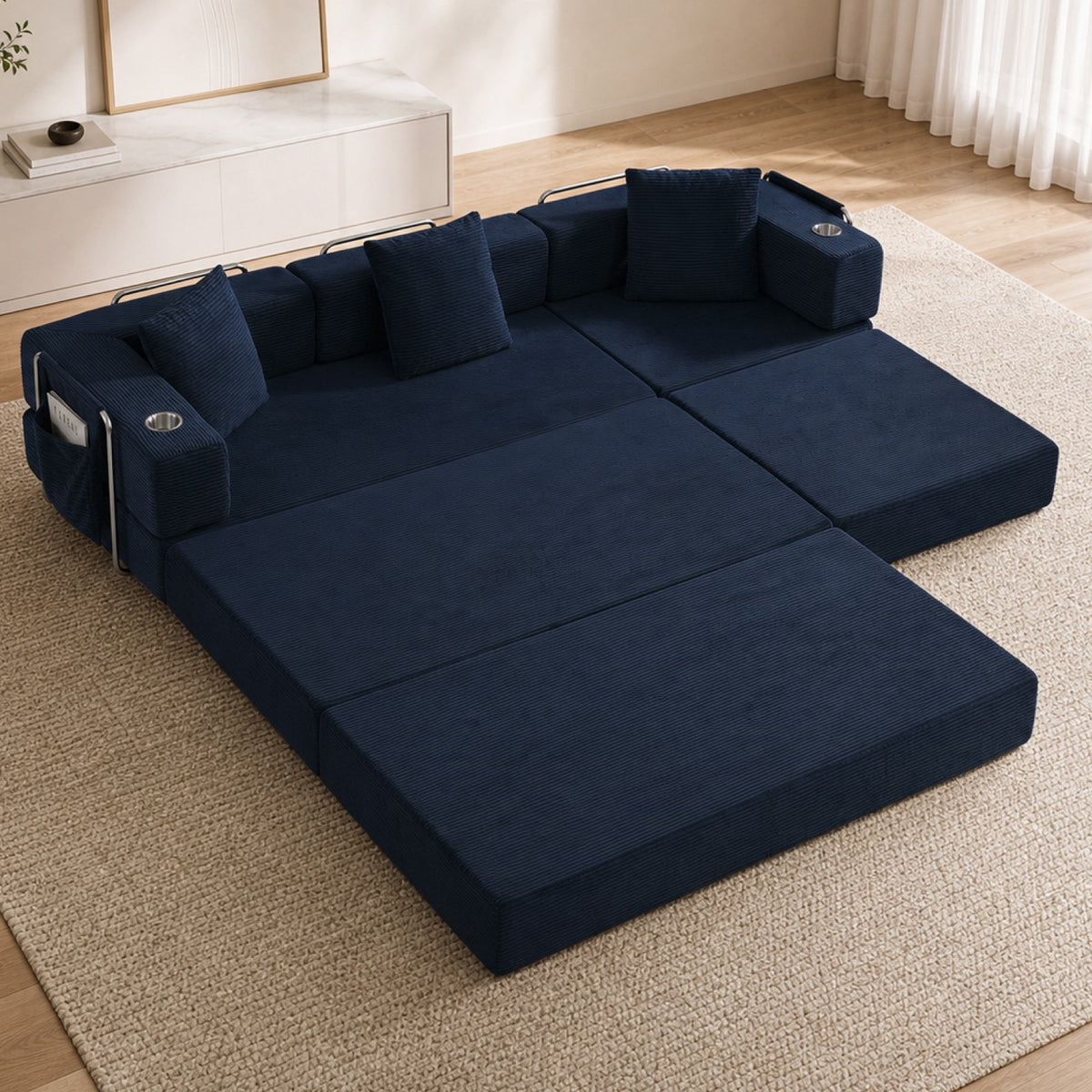 Corduroy Boneless Couch — 4-Seat — Blue